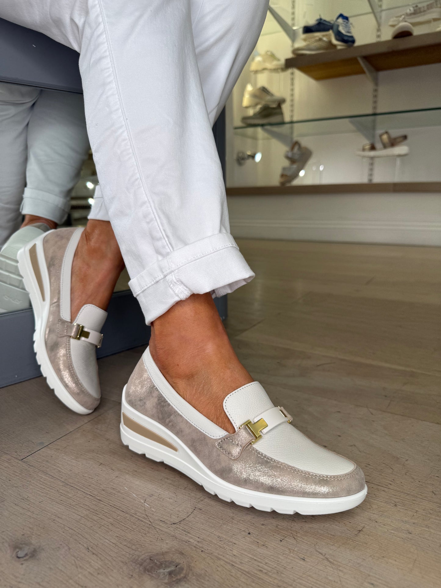 Ara - Cream Slip On Wedge Shoe With Gold Shimmer Trim