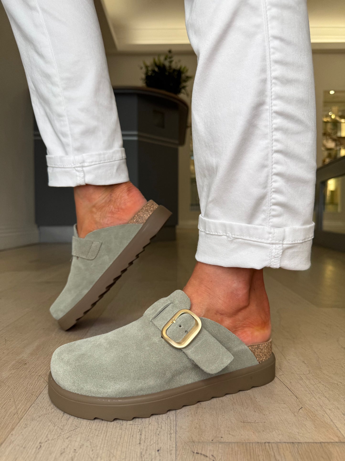 Yokono - Soft Green Suede Mule Clog With Matt Gold Buckle Trim