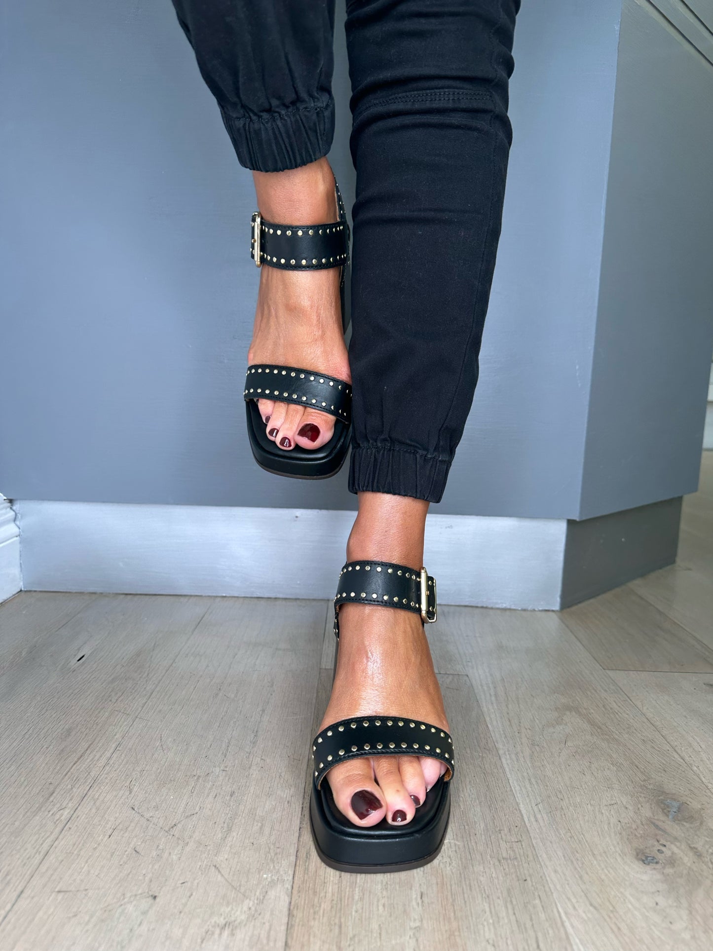 Alpe -Black Block Heel Strappy Sandal With Gold Stud Detail