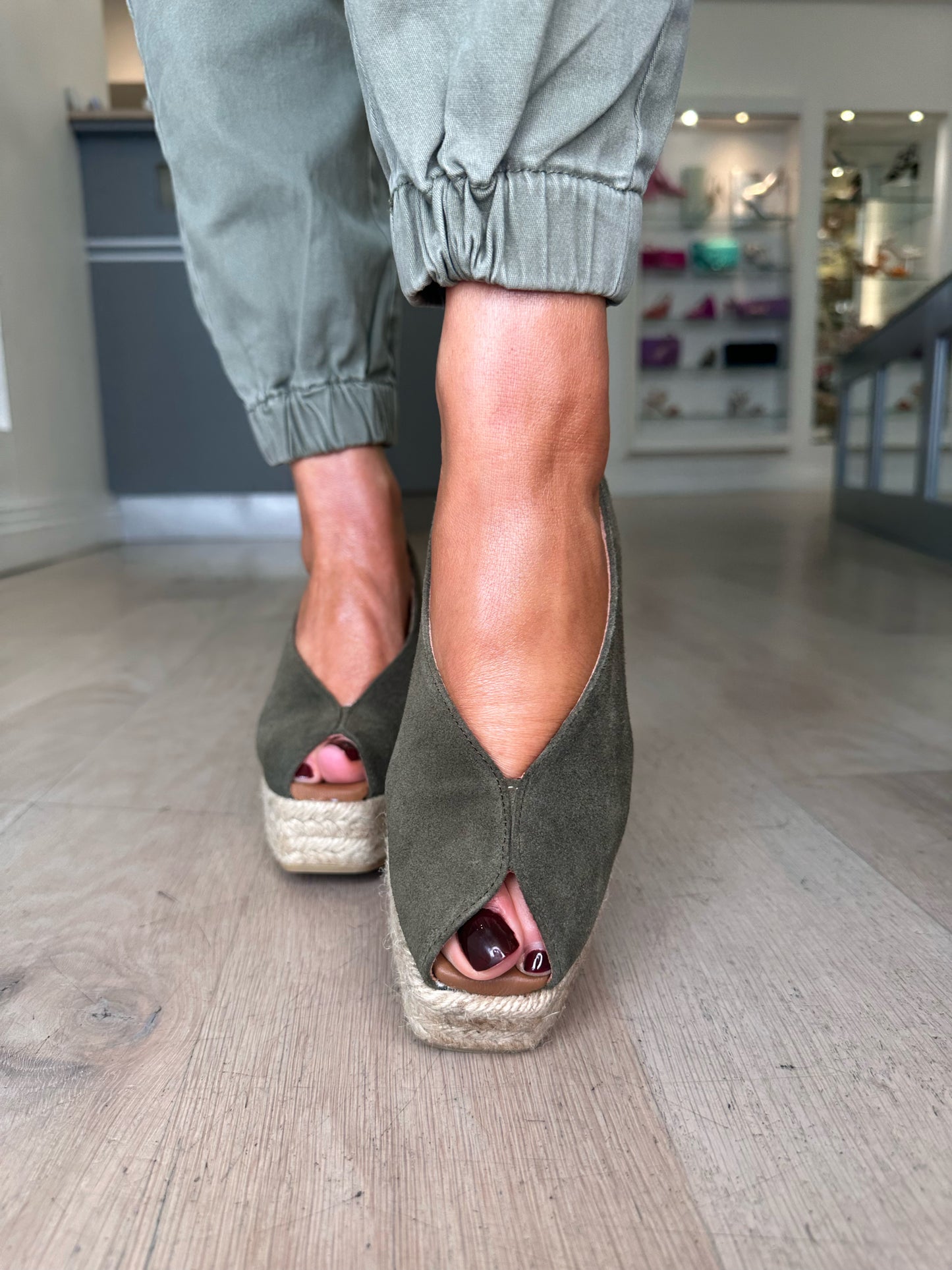 Viguera - Military Green Suede Peep Toe Wedge