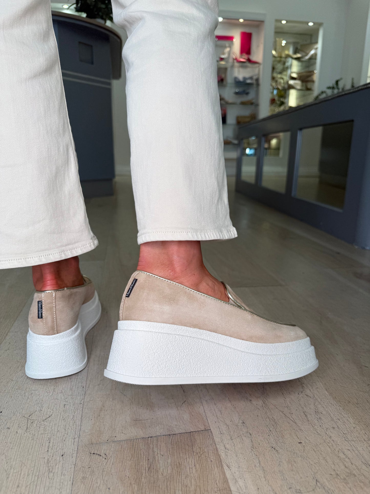 Marco Moreo - Beige Suede Chunky Slip On Shoe With Subtle Gold Trim