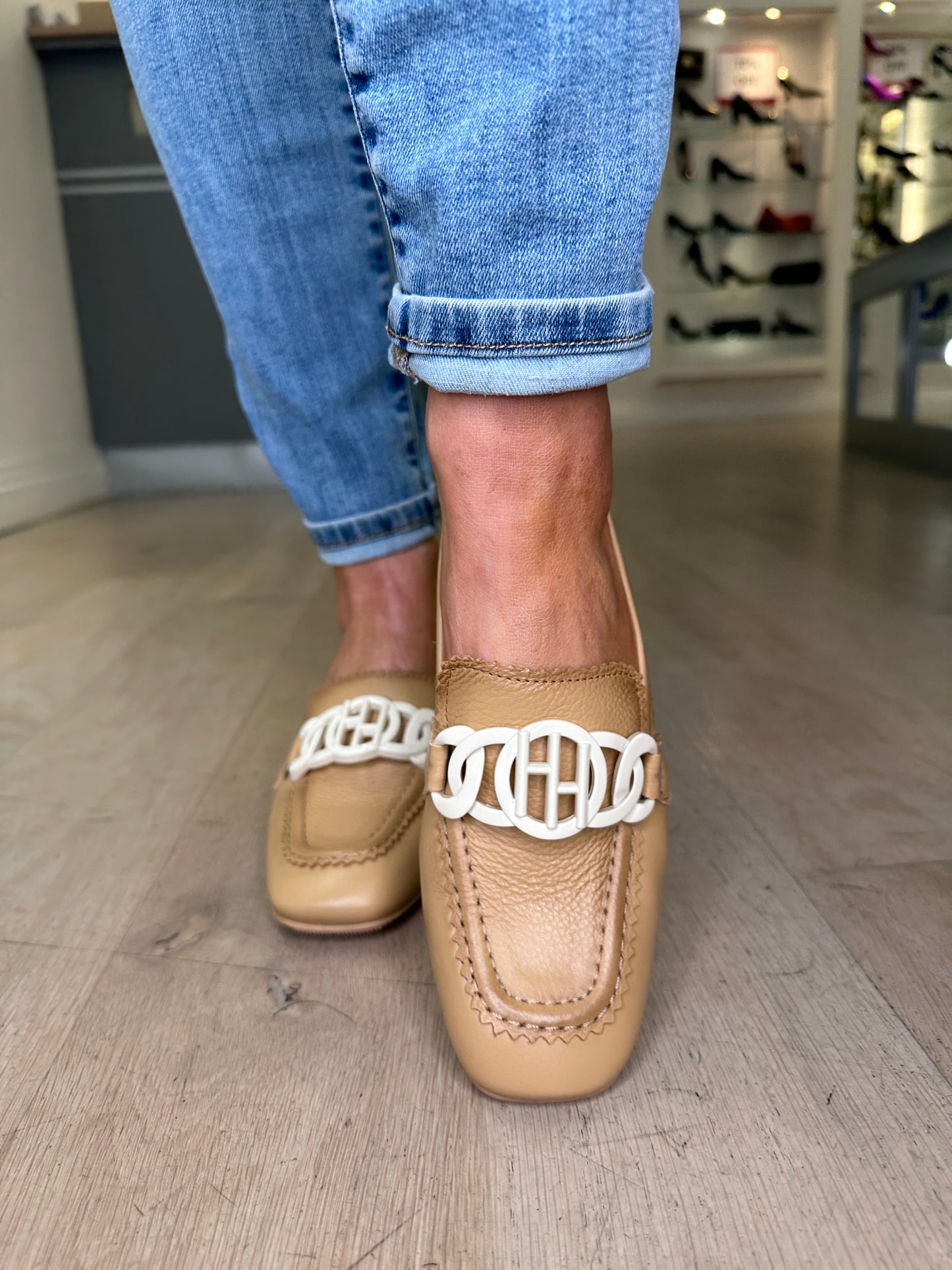 Hispanitas - Desert Beige Loafer Style Shoe With Cream Trim & Block Heel