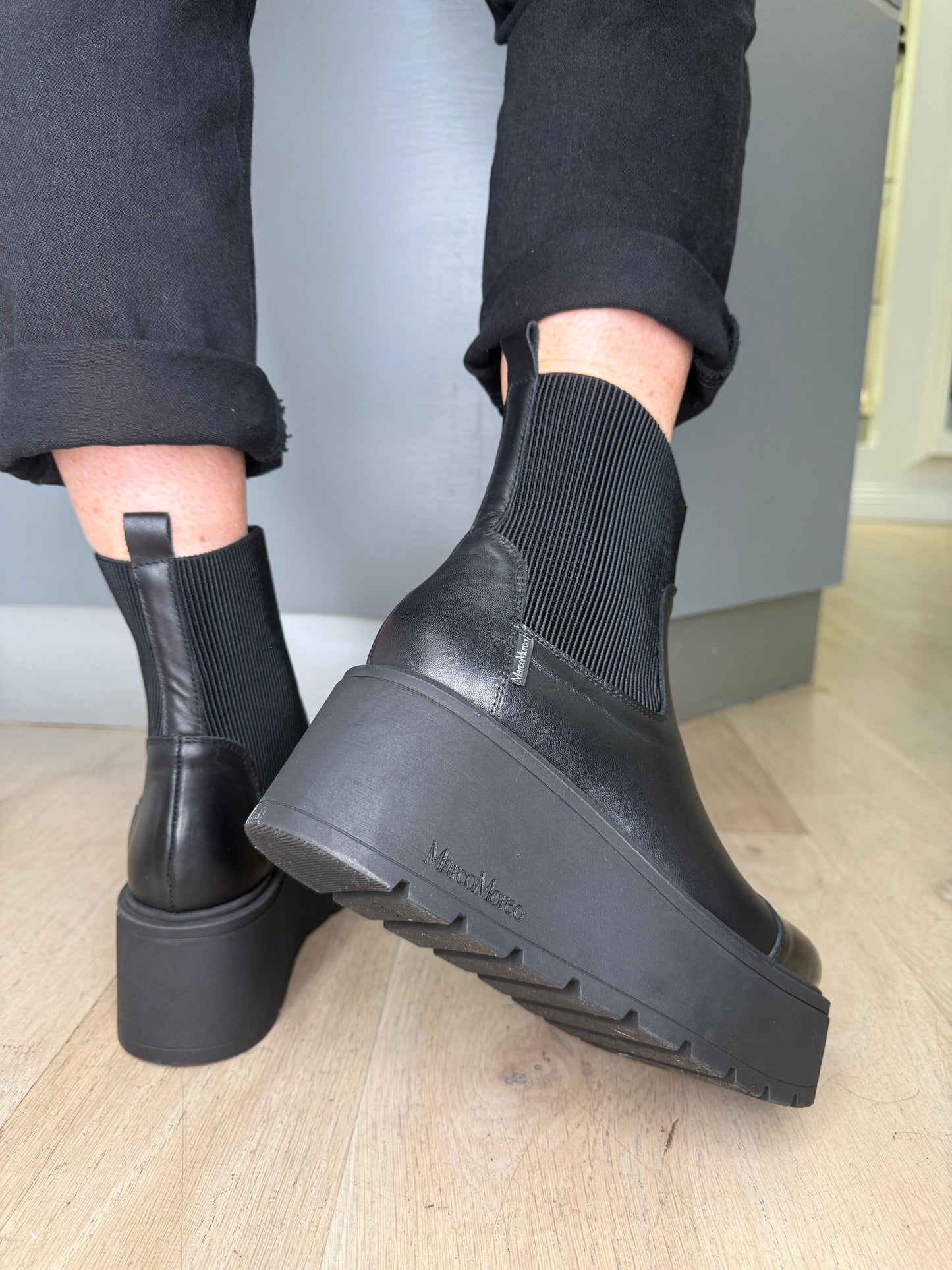 Marco Moreo - Brenda Black Leather & Fabric Panel Platform Boot