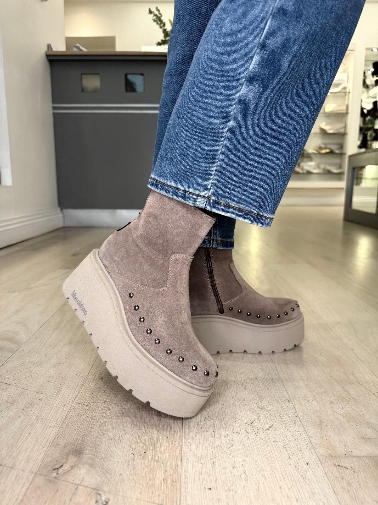 Marco Moreo -Mink Suede Chunky Sole Boot With Stud Trim Detail