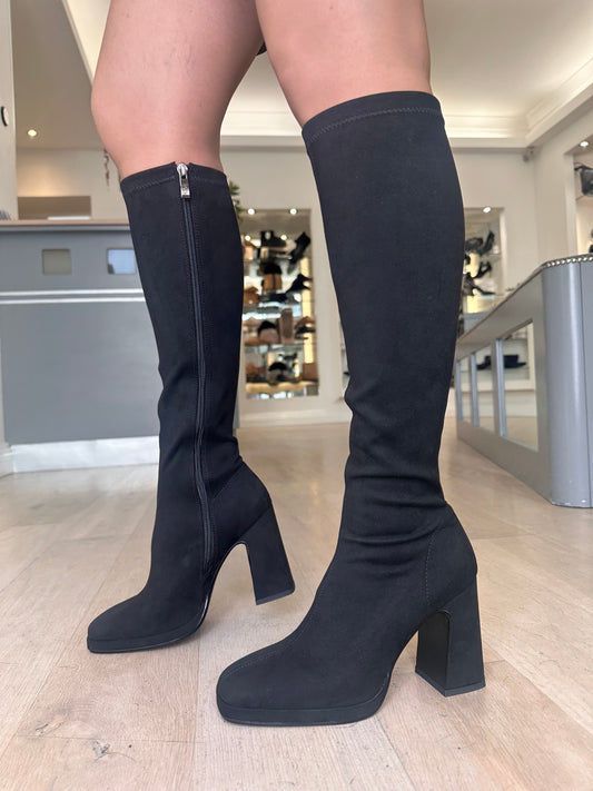 Lodi - Limbo Long Black Suede Fabric Block Heel Sock Boot