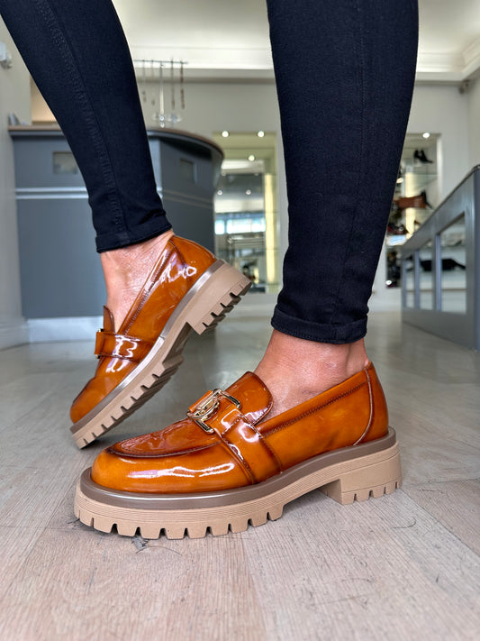 Lodi Love- Flexy Rich Tan Patent Chunky Sole Loafer With Gold Trim