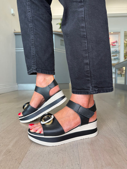 Oh My Sandals - Black & Cream Wedge Sandal With Velcro Strap