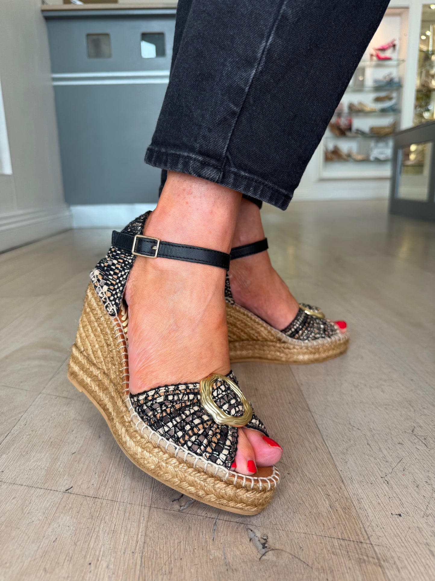 Viguera - Black Multi Coral Tweed Fabric Peep Toe Wedge