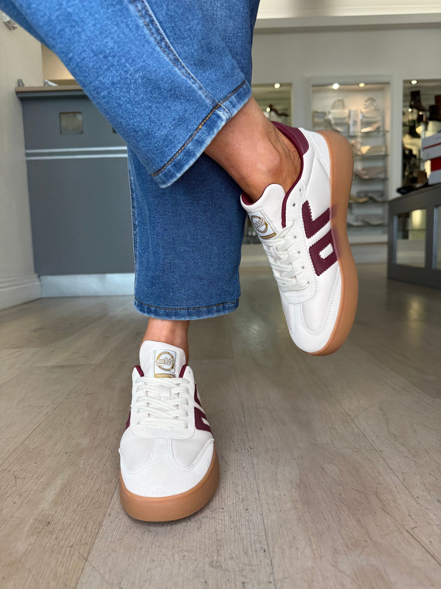 Back 70 - Cream Leather & Suede Mix Trainer With Wine Trim