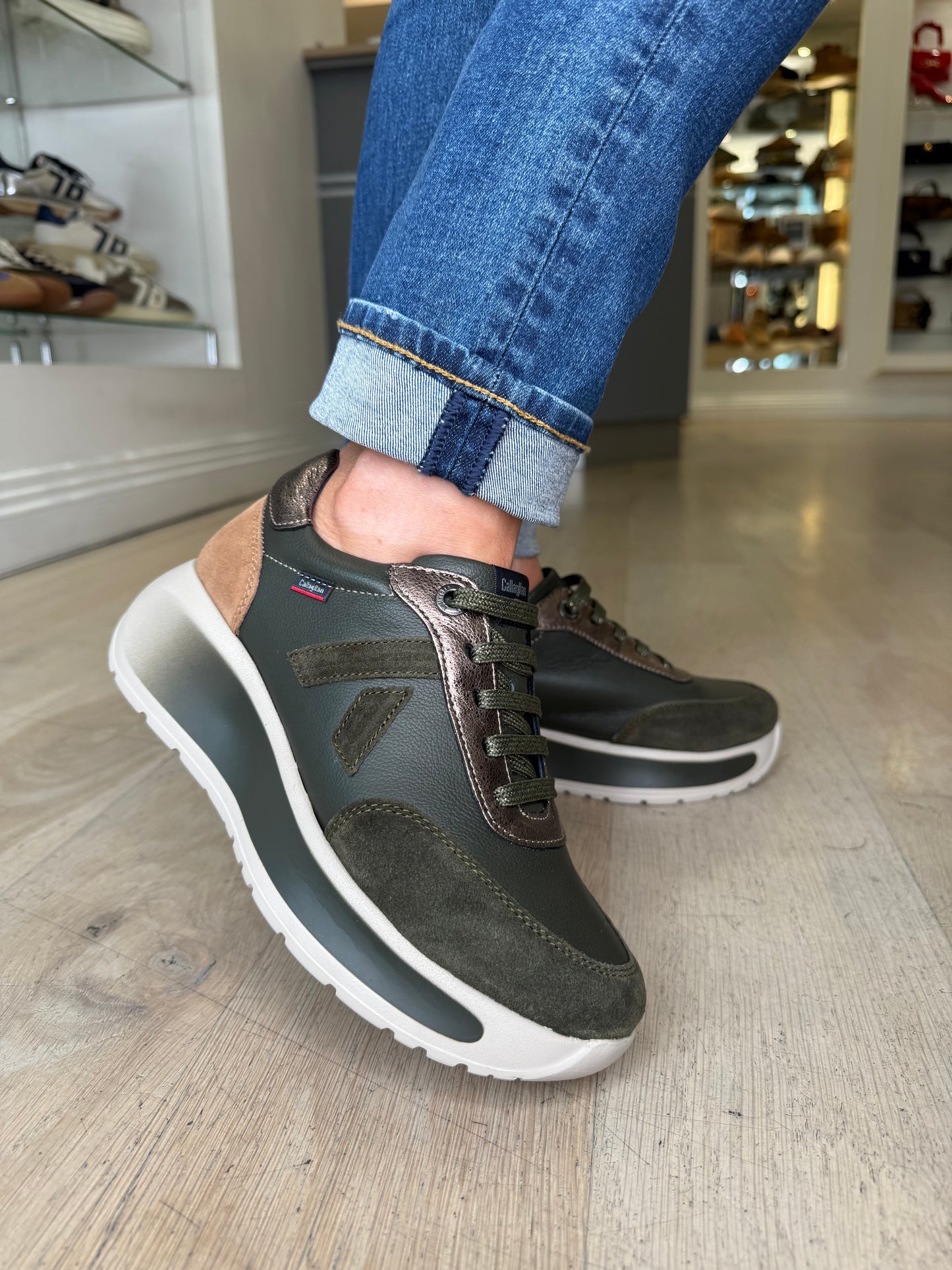 Callaghan - Dark Khaki Mix Lace Up Chunky Sole Trainer