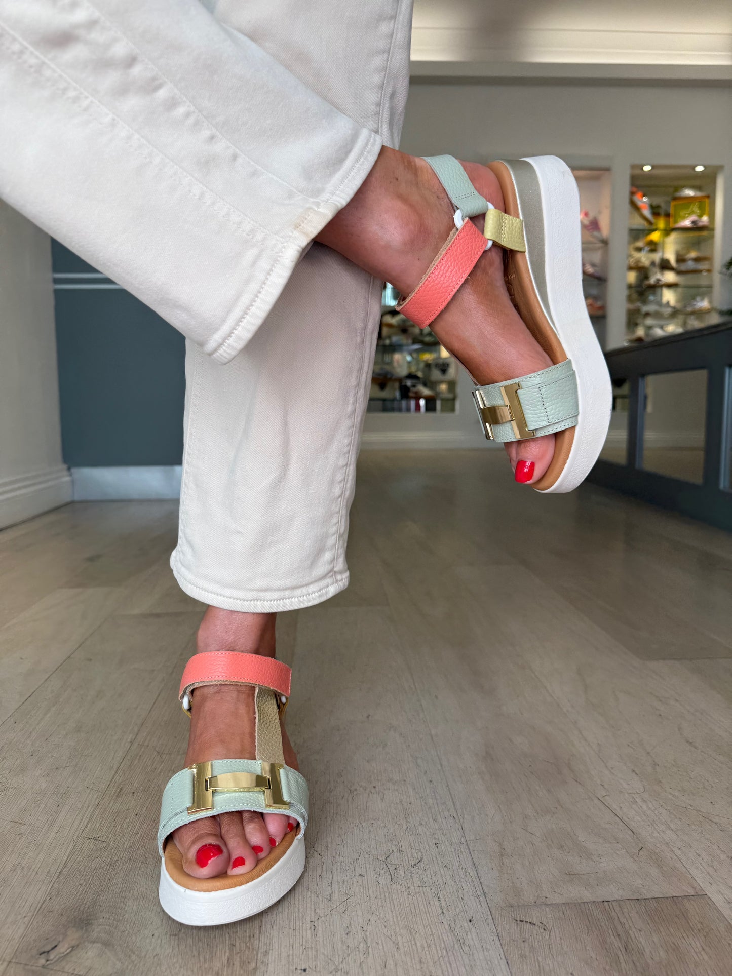Oh My Sandals - Multi Coloured Medium Wedge Sandal With Gold Trim