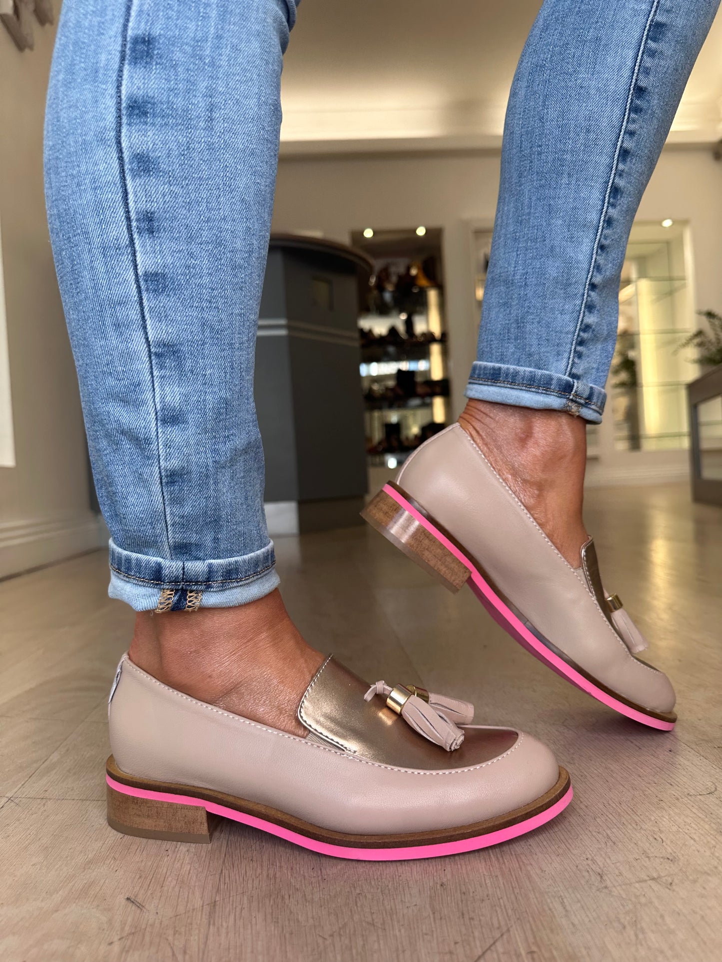Marco Moreo - Rich Taupe Leather Loafer With A Soft Bronze Trim & Hot Pink Sole