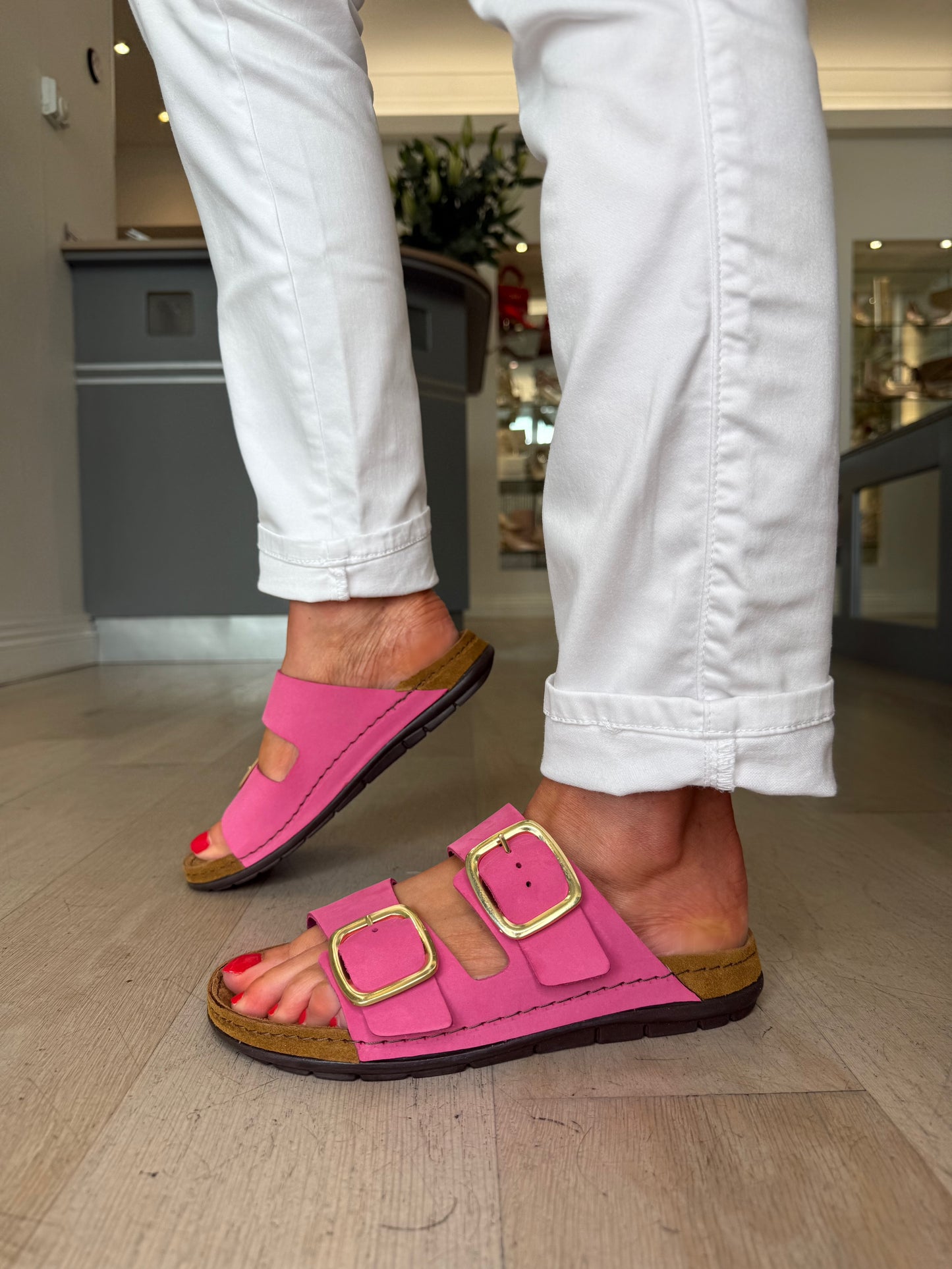 Rohde - Hot Pink Suede 2 Strap Slider With Gold Buckle Trim