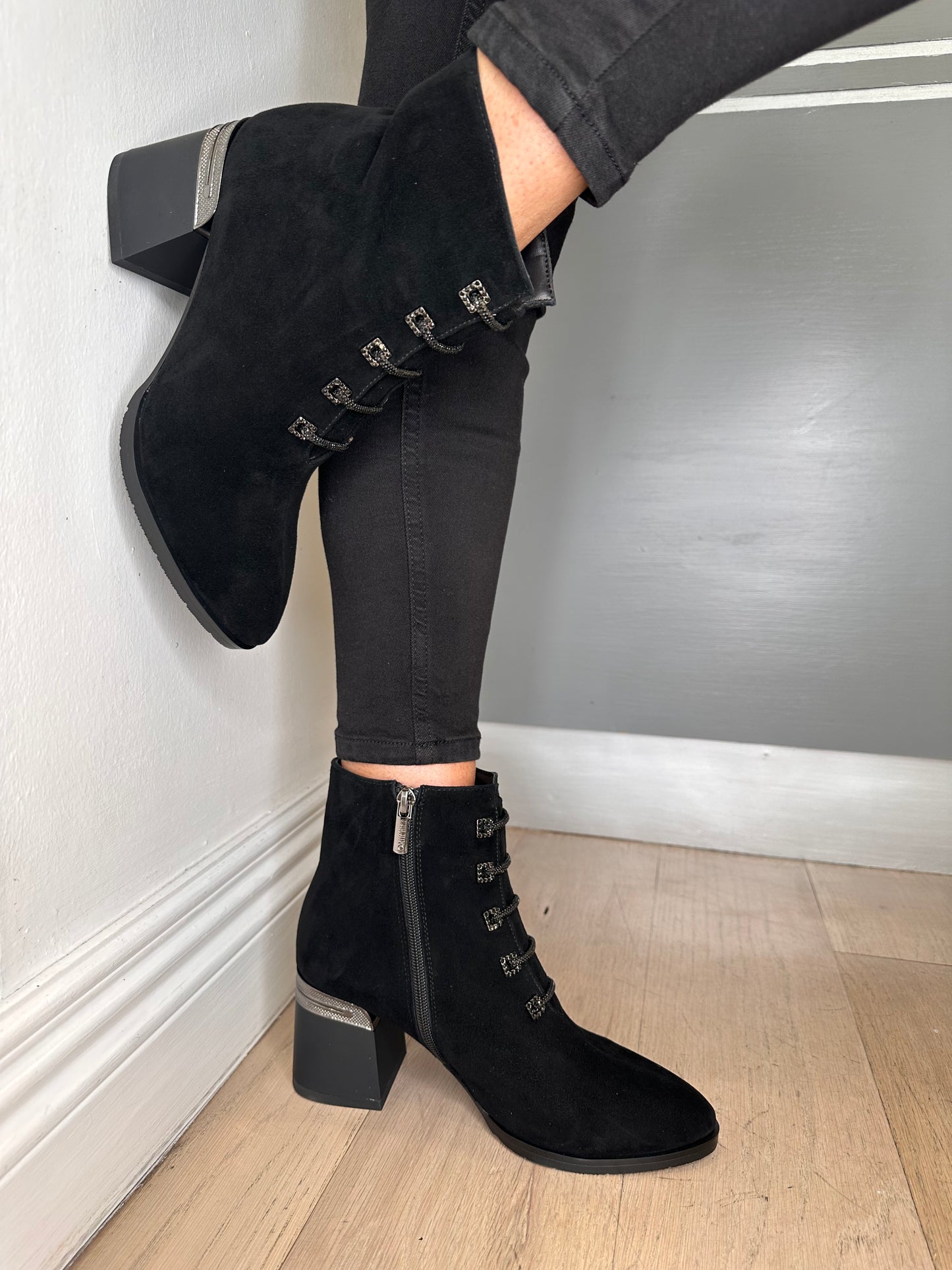 Loretta Vitale - Black Suede Lace Up Boot With Block Heel