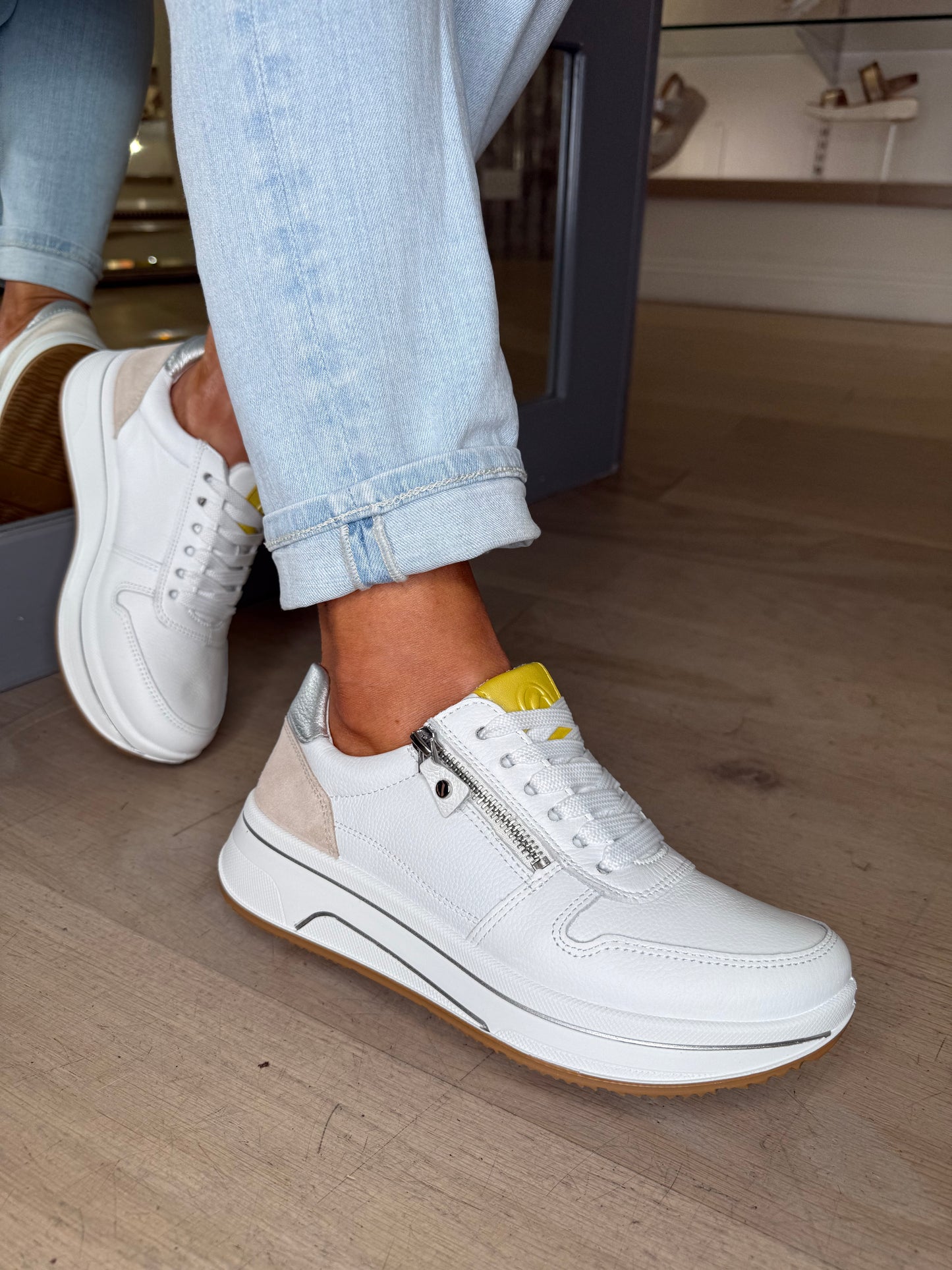 Ara - White Lace Up Trainer With Side Zip & Yellow & Beige Suede Trim
