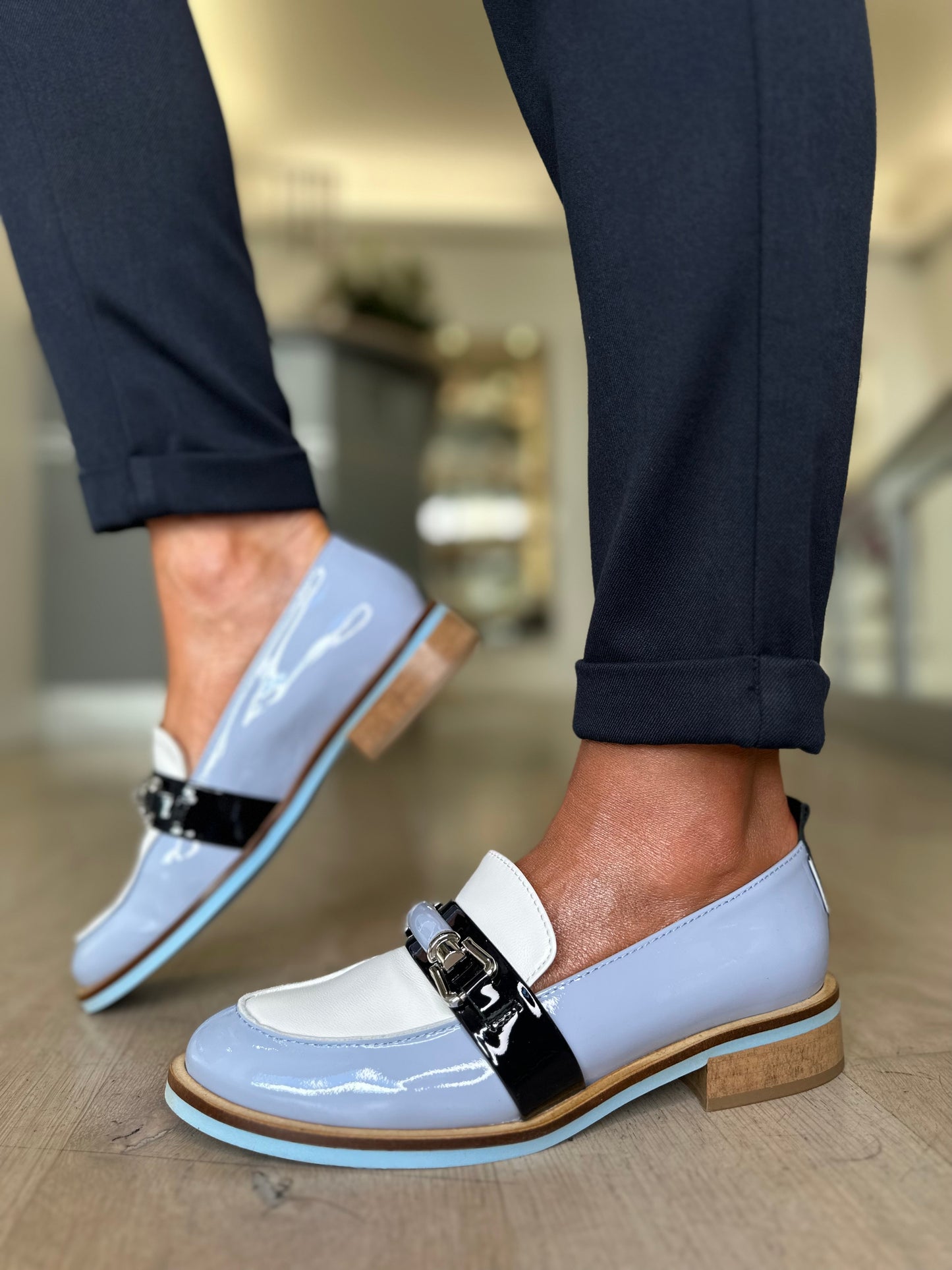 Marco Moreo - Pale Blue Patent Loafer With Dark Navy/White Patent Trim