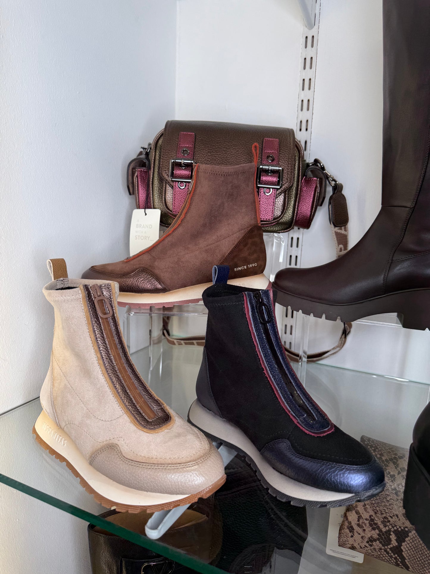 Hispanitas - Taupe Leather/ Cream Suede & Bronze Mix Sporty Zip Up Boot