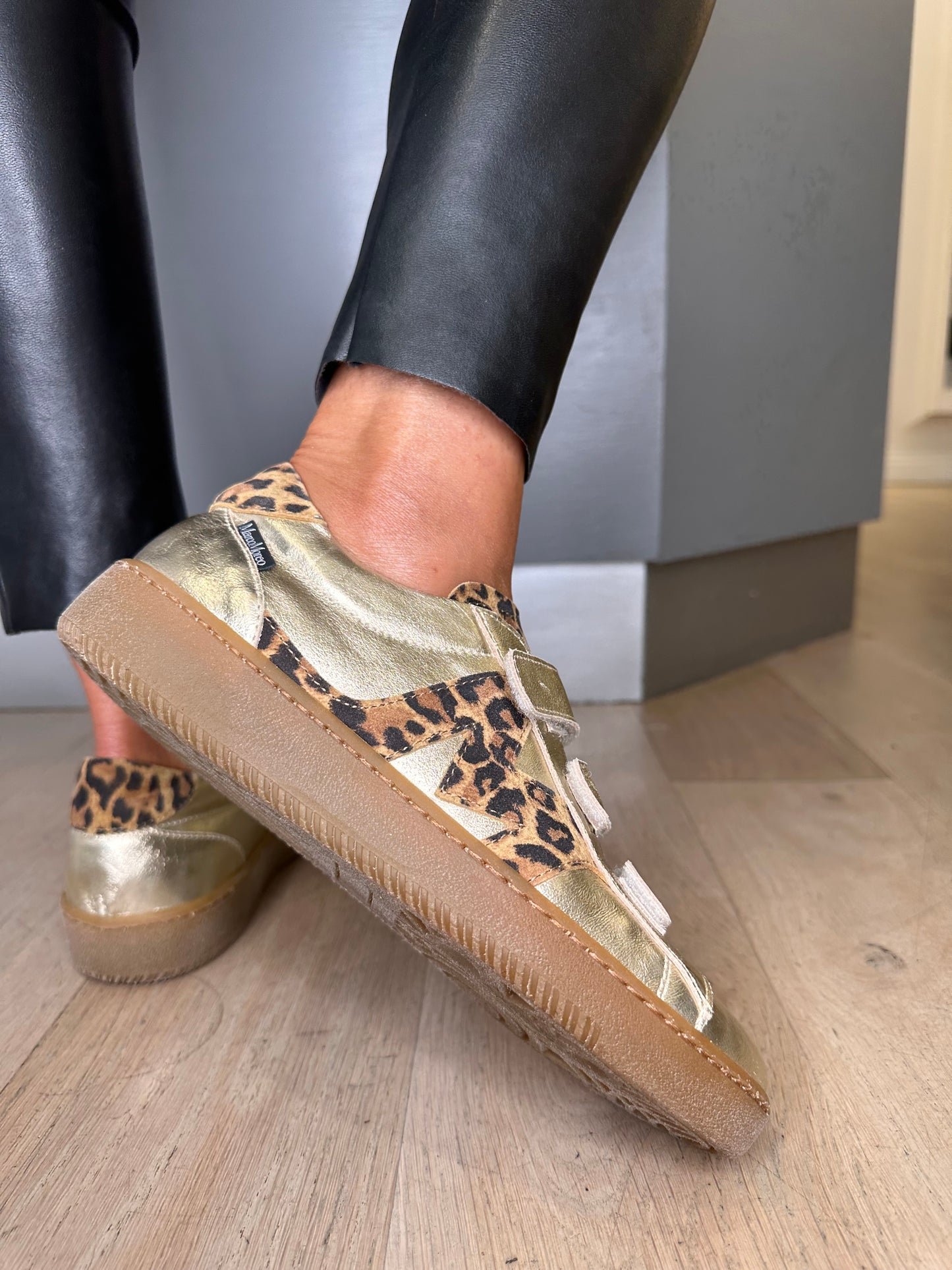 Marco Moreo - Metallic Gold Nappa Leather Trainer With Velcro Straps & Leopard Print Trim