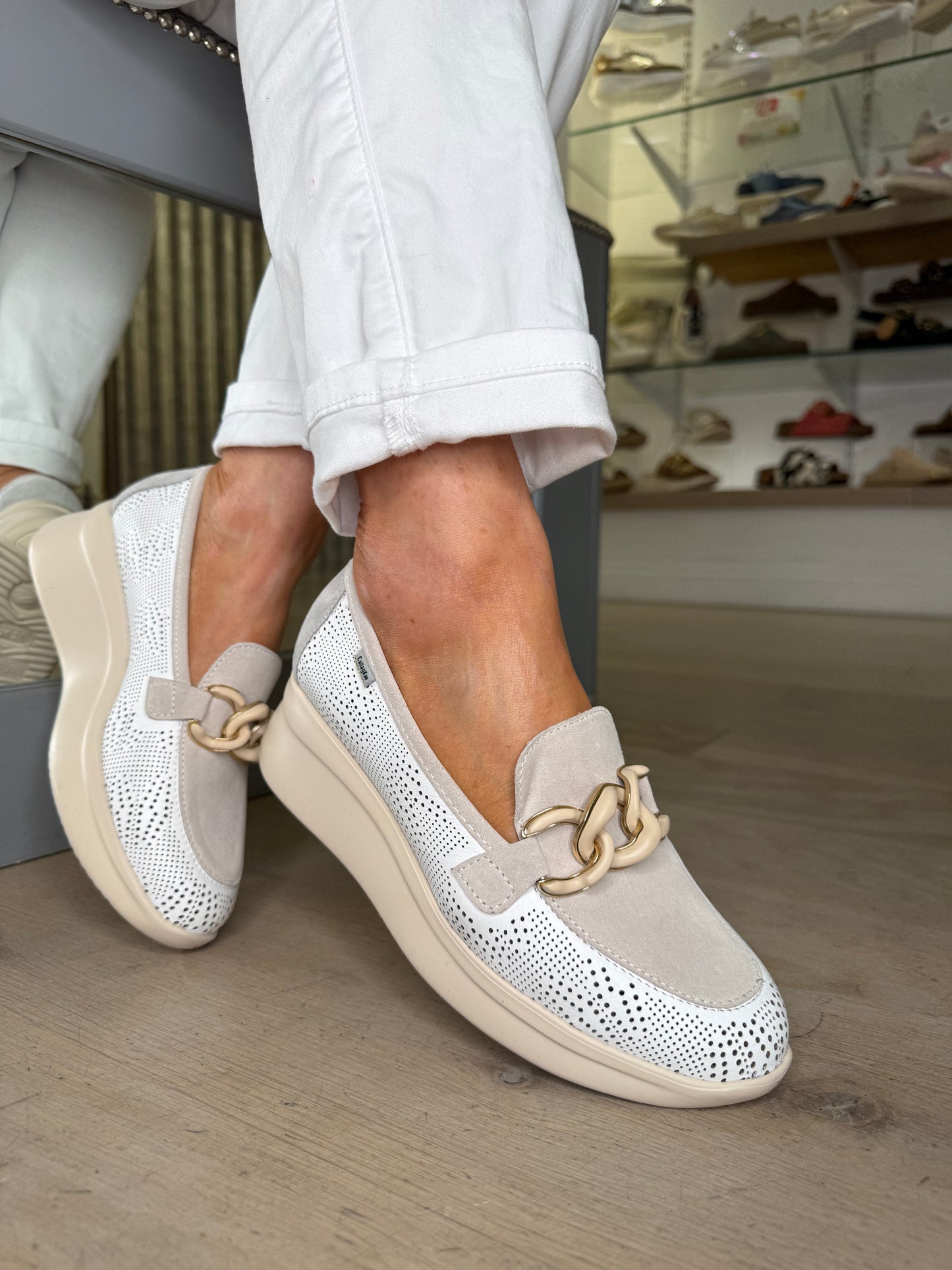 Callaghan -White Leather & Taupe Suede Slip On Wedge Shoe