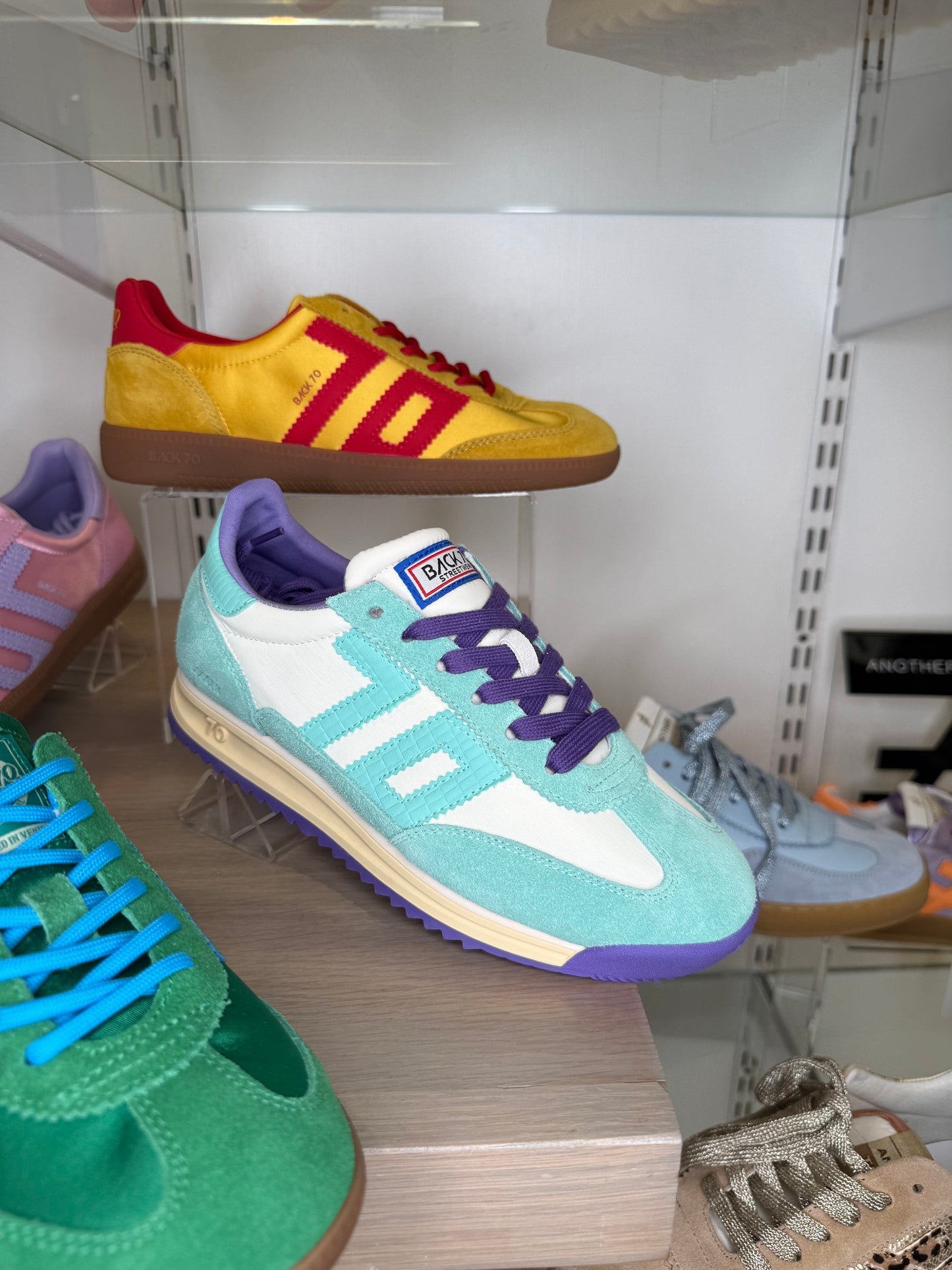 Back 70 - Jogger Mint Suede Trainer With White Leather & Purple Trim