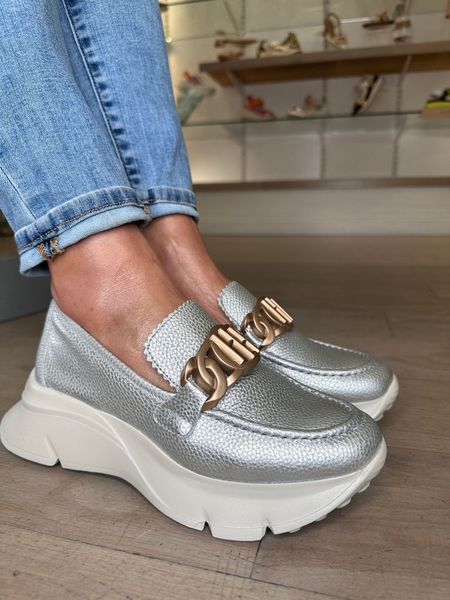 Hispanitas - Soft Silver Slip On Sporty Shoe With Antique Gold Chain Trim