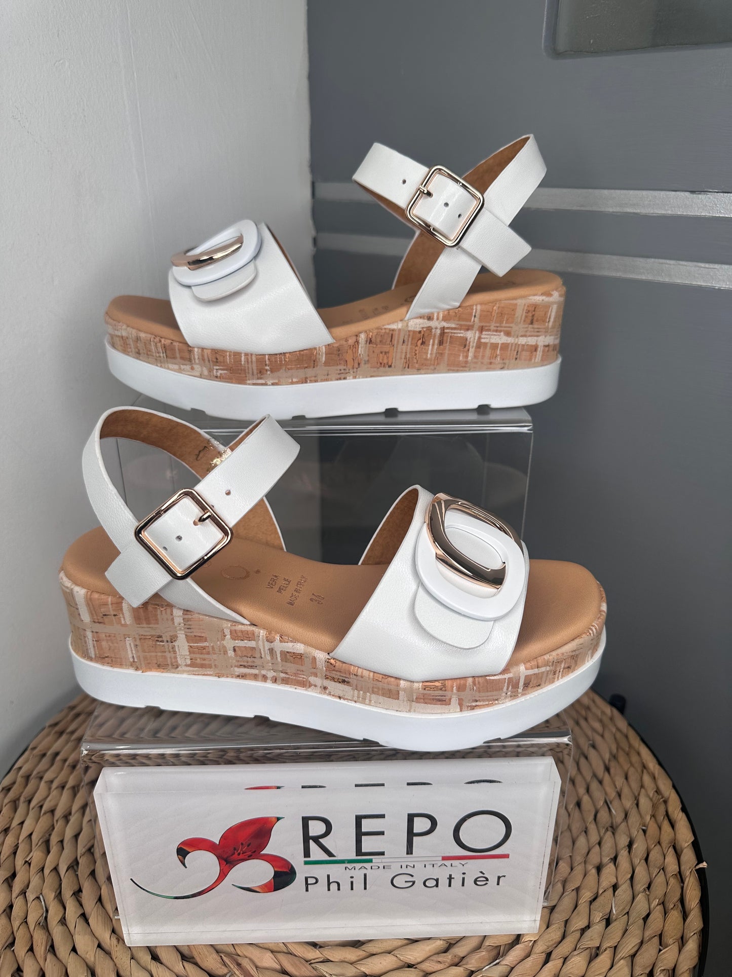 Repo -  White Sandal With Gold Trim & Cork Wedge Sole