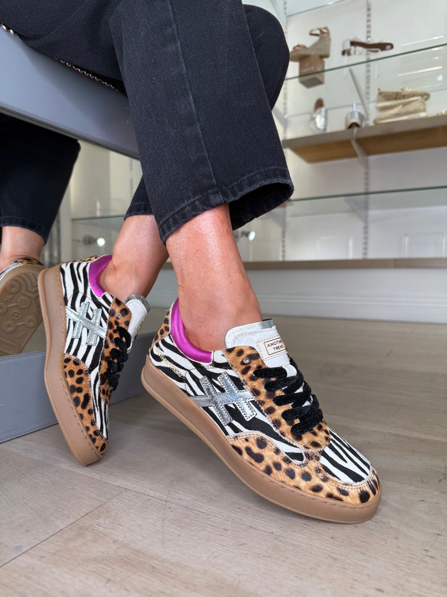 Another Trend -Multi Mix Animal Print Trainer With Hot Pink Trim