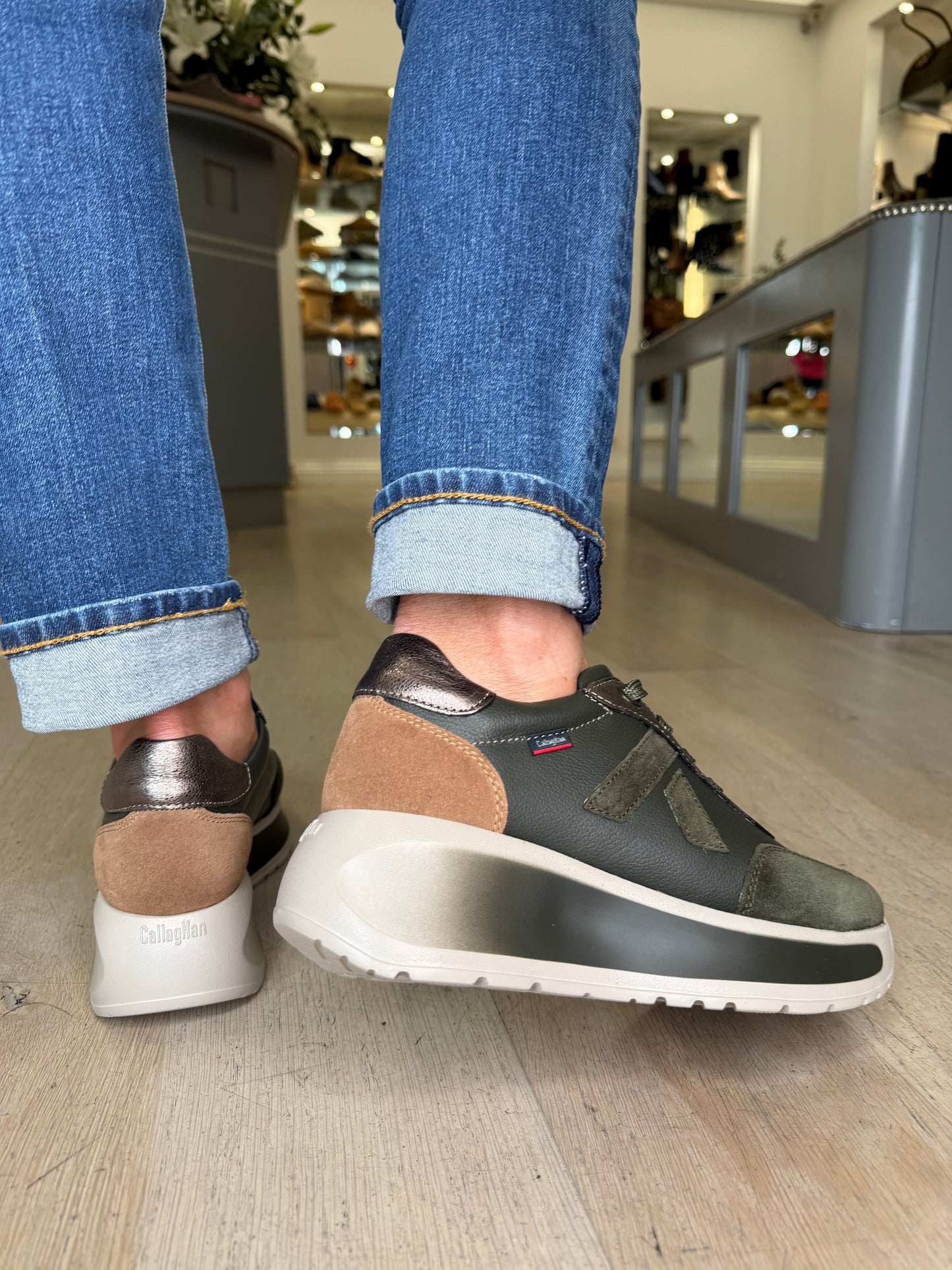 Callaghan - Dark Khaki Mix Lace Up Chunky Sole Trainer