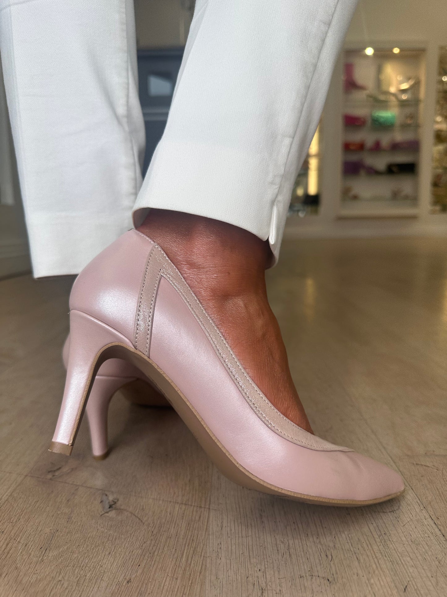 Emis -Blush Pink Pointy Toe Court Shoe With Blush Pink Shimmer Trim