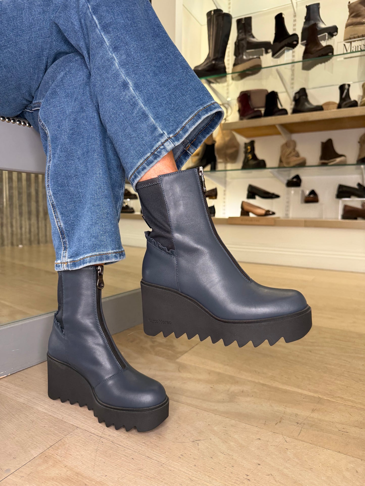 Marco Moreo - Navy Leather Chunky Sole Wedge Boot With Frill Detail