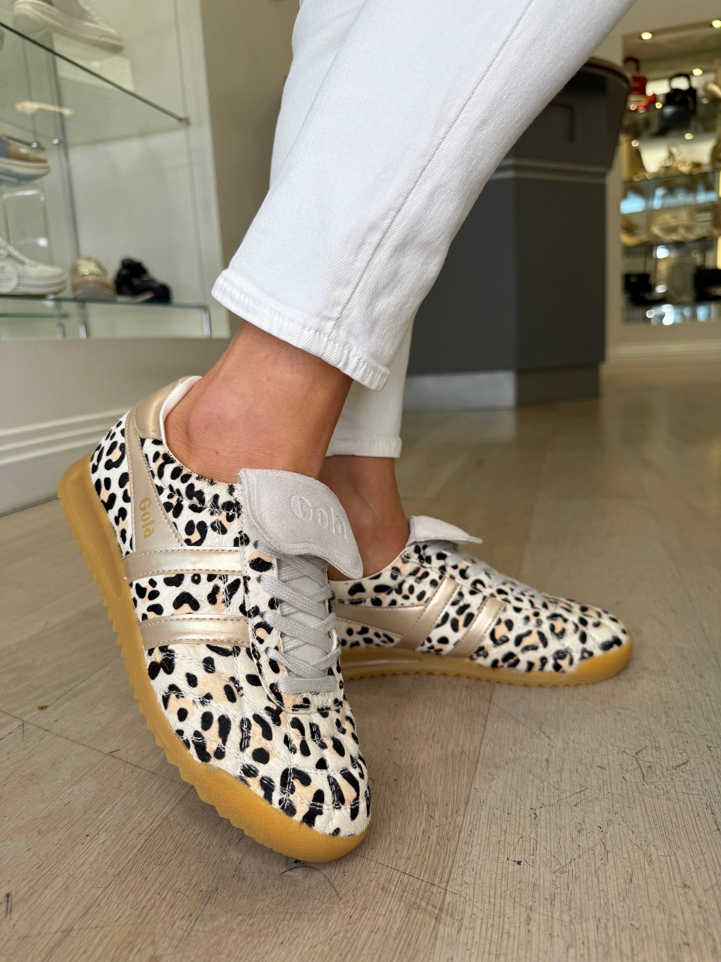 Gola - Stadium Leopard Print With Gold Trim & Turned Down Tongue