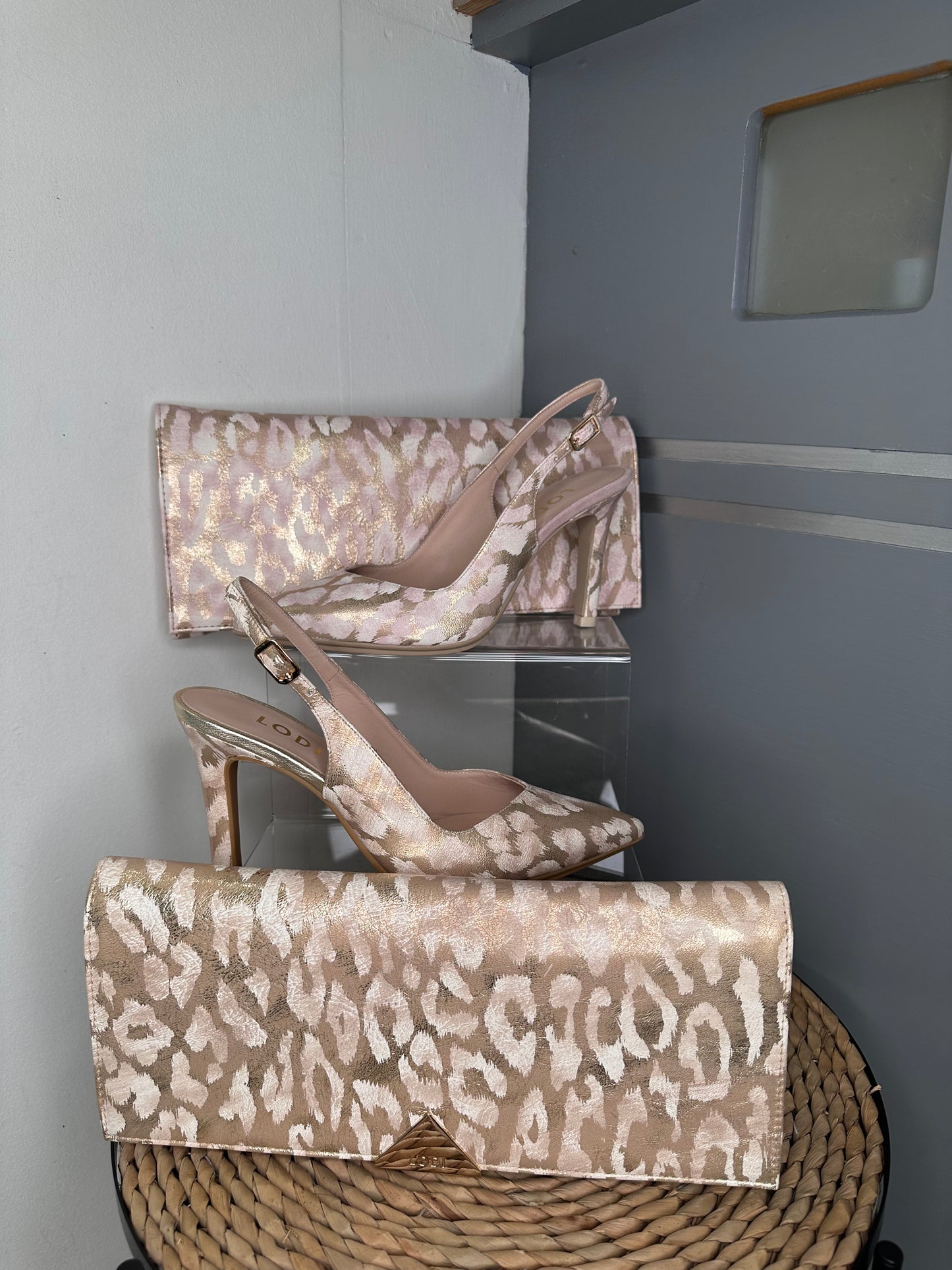 Lodi - Raian- Soft Blush Pink /White Leopard Print Pointy Toe Sling Back Court Shoe