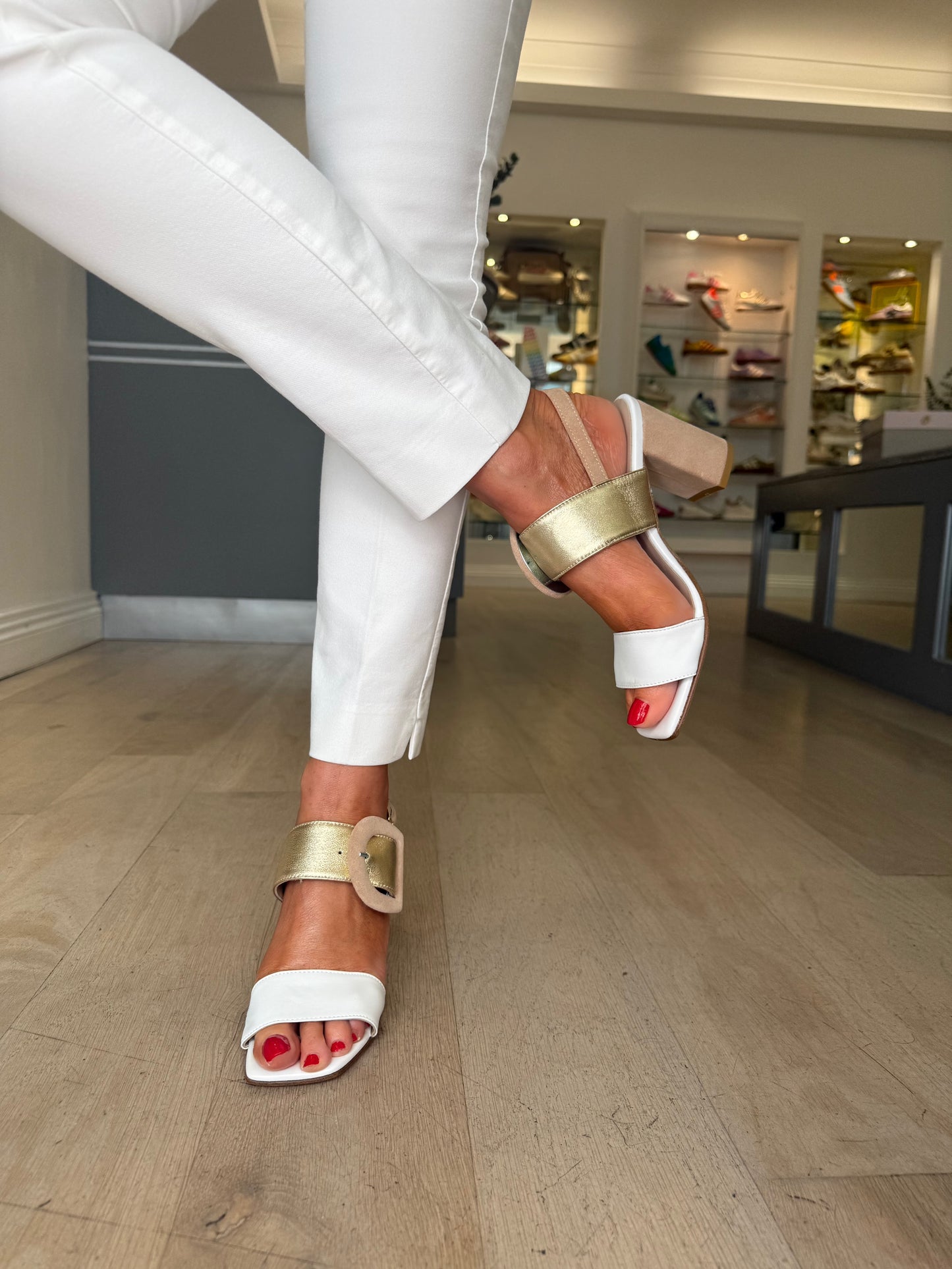 Repo - Soft Gold & White Mix Block Heel Sandal With Buckle Trim