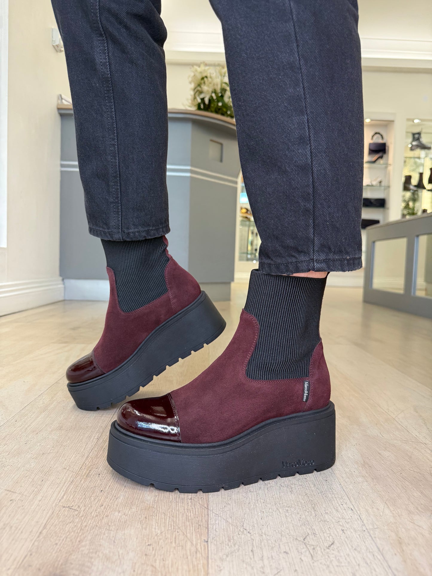 Marco Moreo - Brenda Burgundy Suede Chunky Sole Wedge Boot With Burgundy Patent Trim