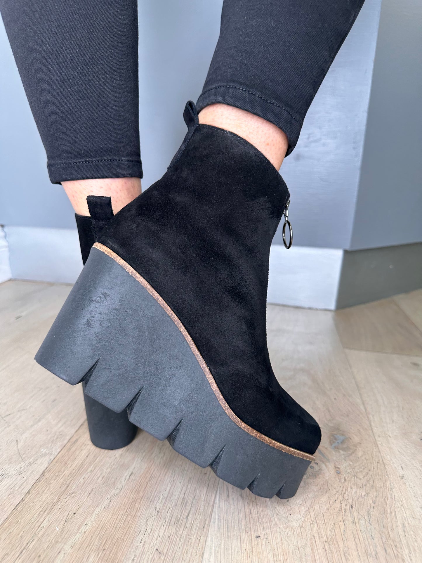 Alpe - Black Suede High Wedge Front Zip Boot