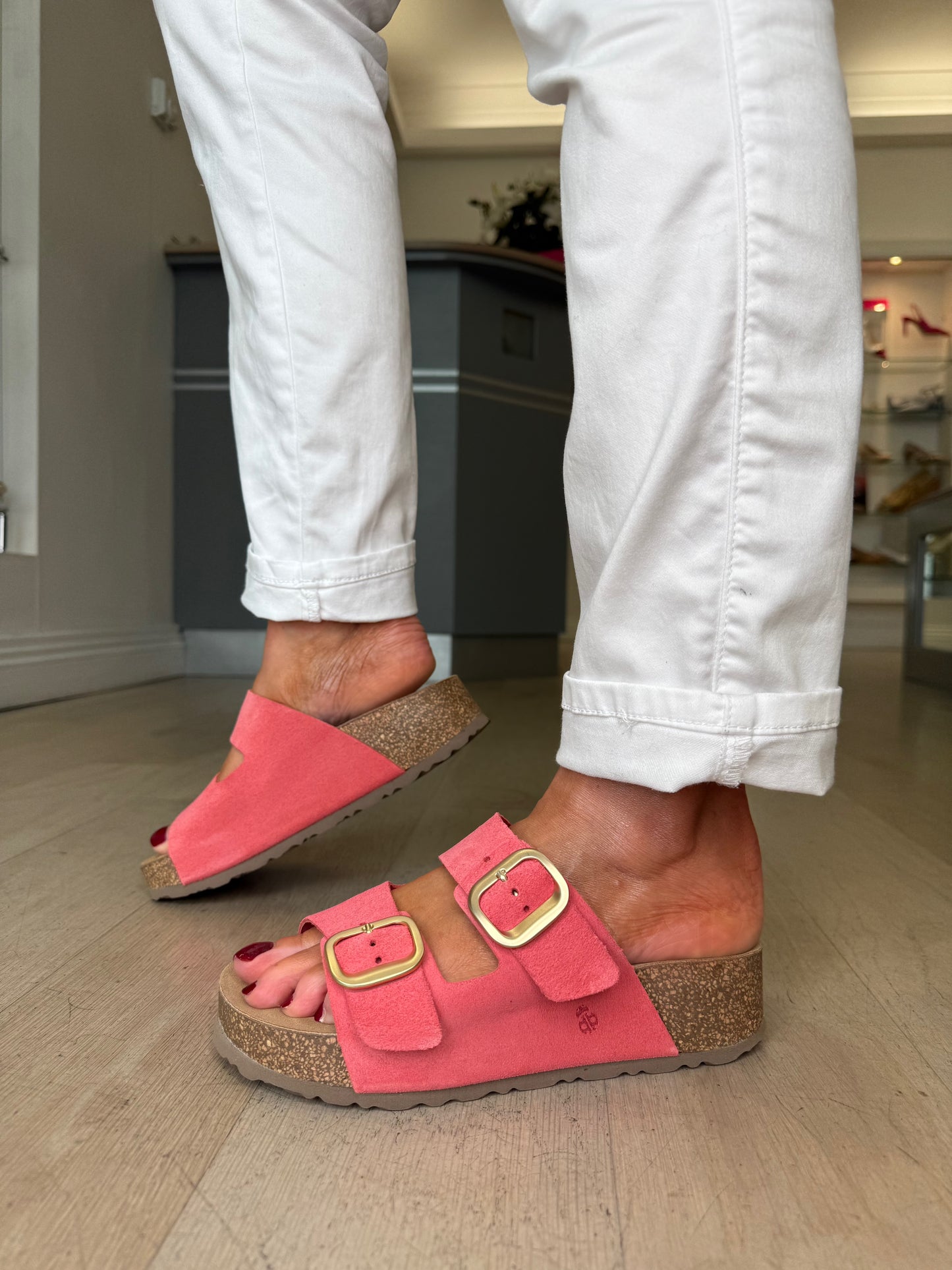 Yokono -Coral Suede 2 Strap Chunky Slider With Gold Buckle Trim