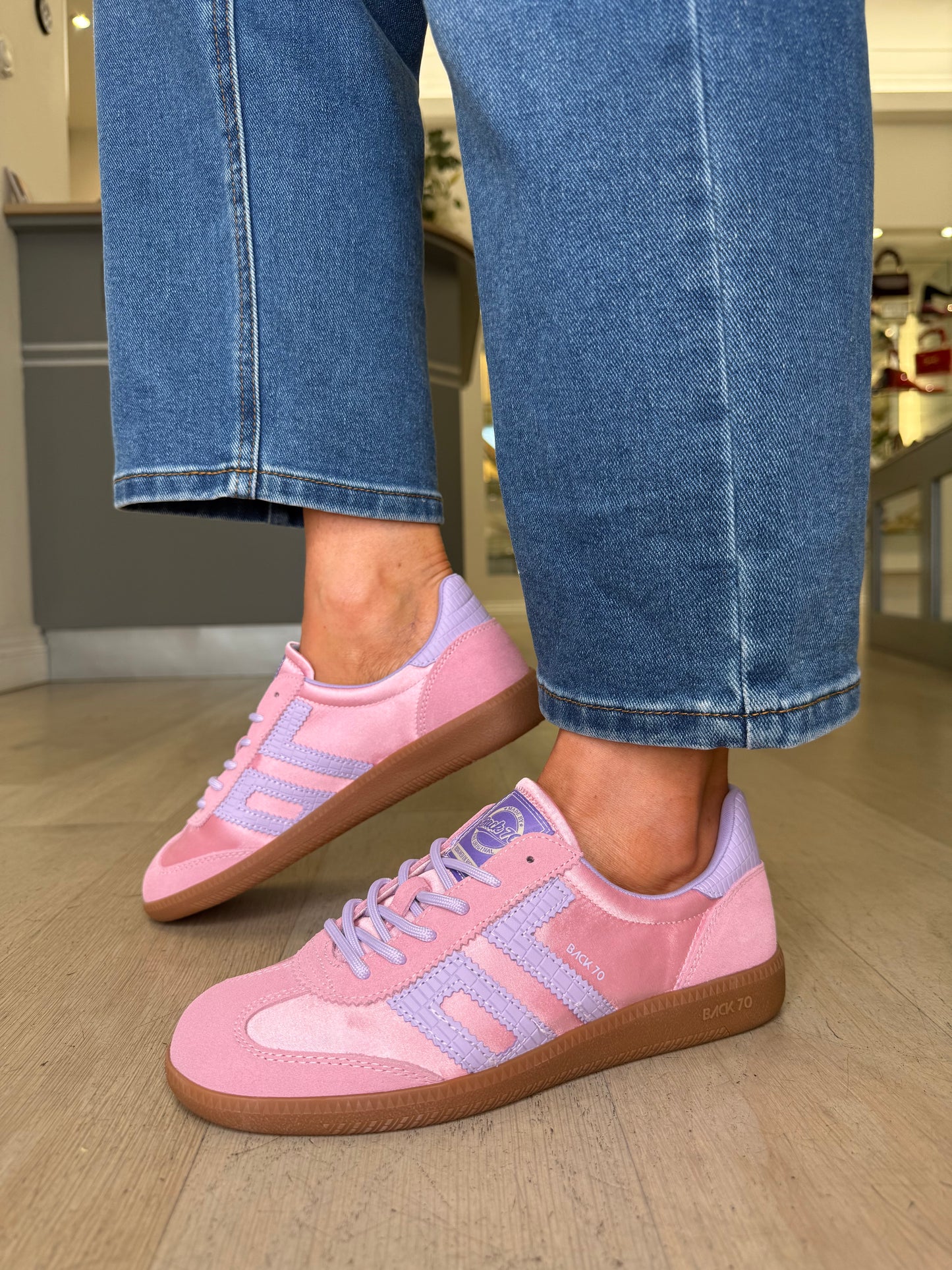 Back 70 - Candy Pink Satin/Suede Trainer With Lilac Trim