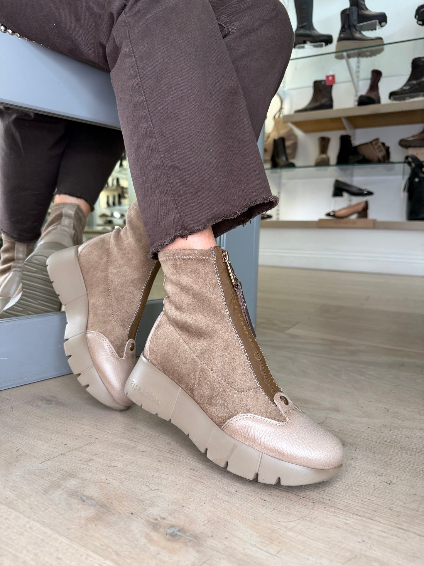 Hispanitas - Taupe Suede & Leather Zip Up Sporty Wedge Boot