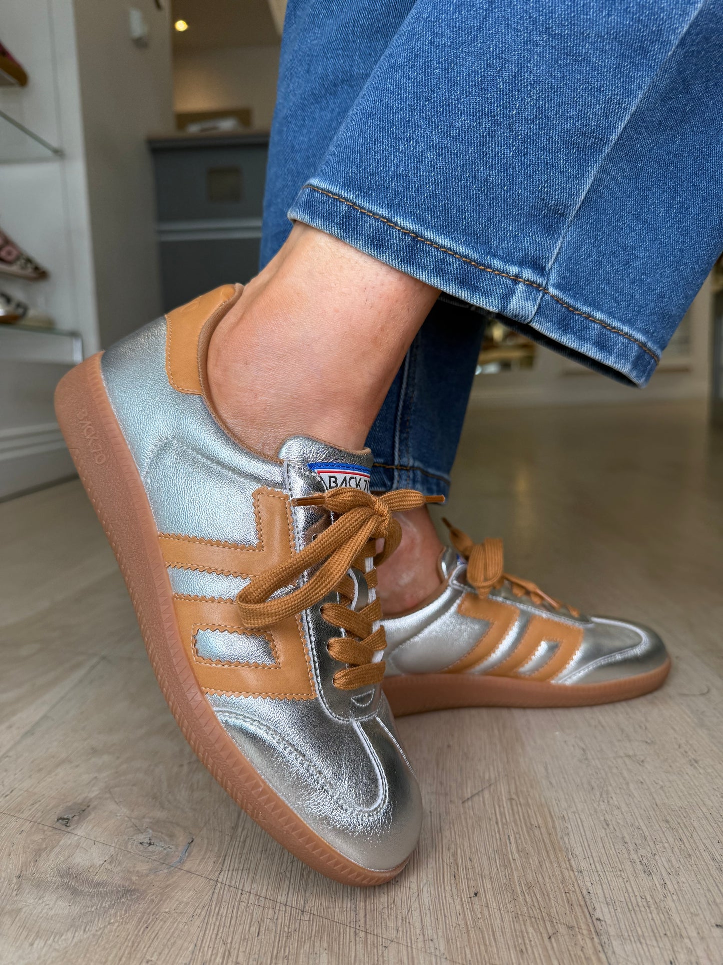 Back 70 - Cloud Metallic Silver Trainer With Tan Trim