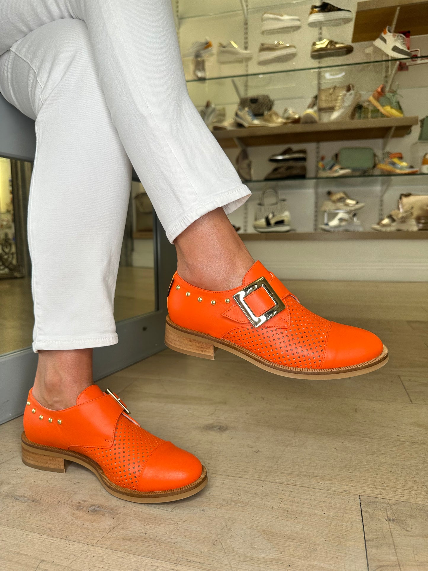 Marco Moreo - Orange Monk Strap Brogue With Gold Buckle & Gold Stud Trim