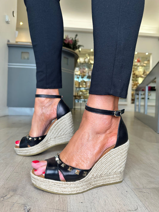 Viguera - Black Leather Peep Toe Espadrille Wedge