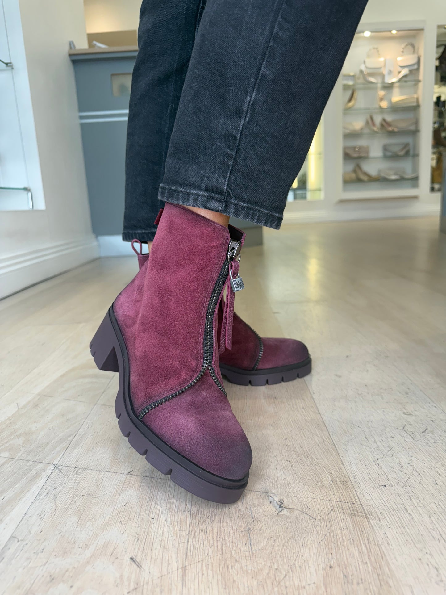 Hispanitas - Burgundy Distressed Suede Chunky Sole Boot With Zip Detail Trim