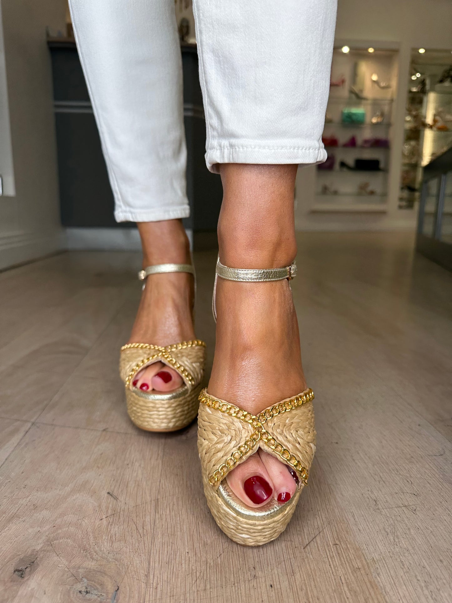 Lodi - Turasi Hessian Platform Sandal With Gold Trim & Block Heel