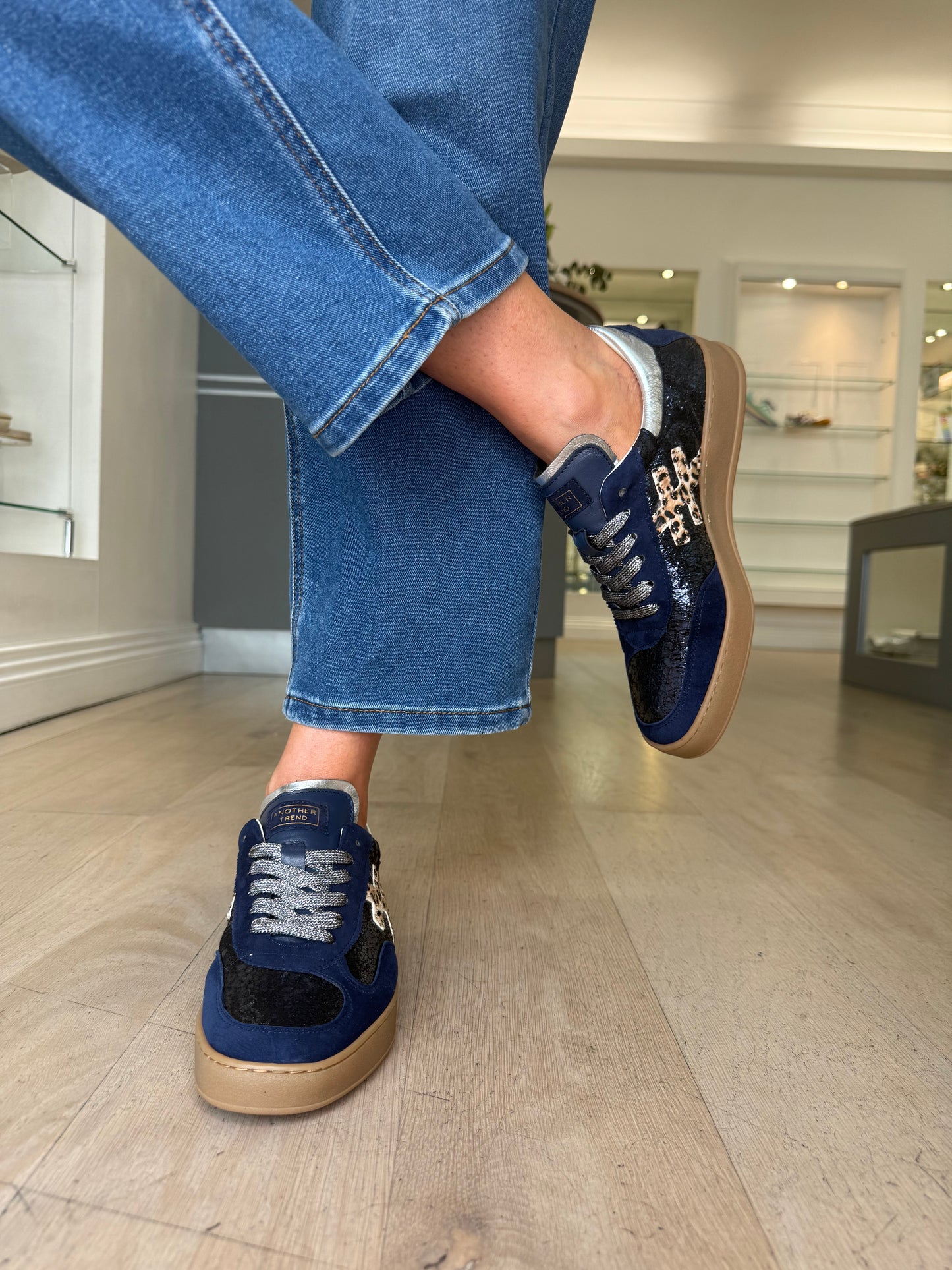 Another Trend -Multi Suede Navy Mix Trainer With Leopard Print & Metallic Silver Trim