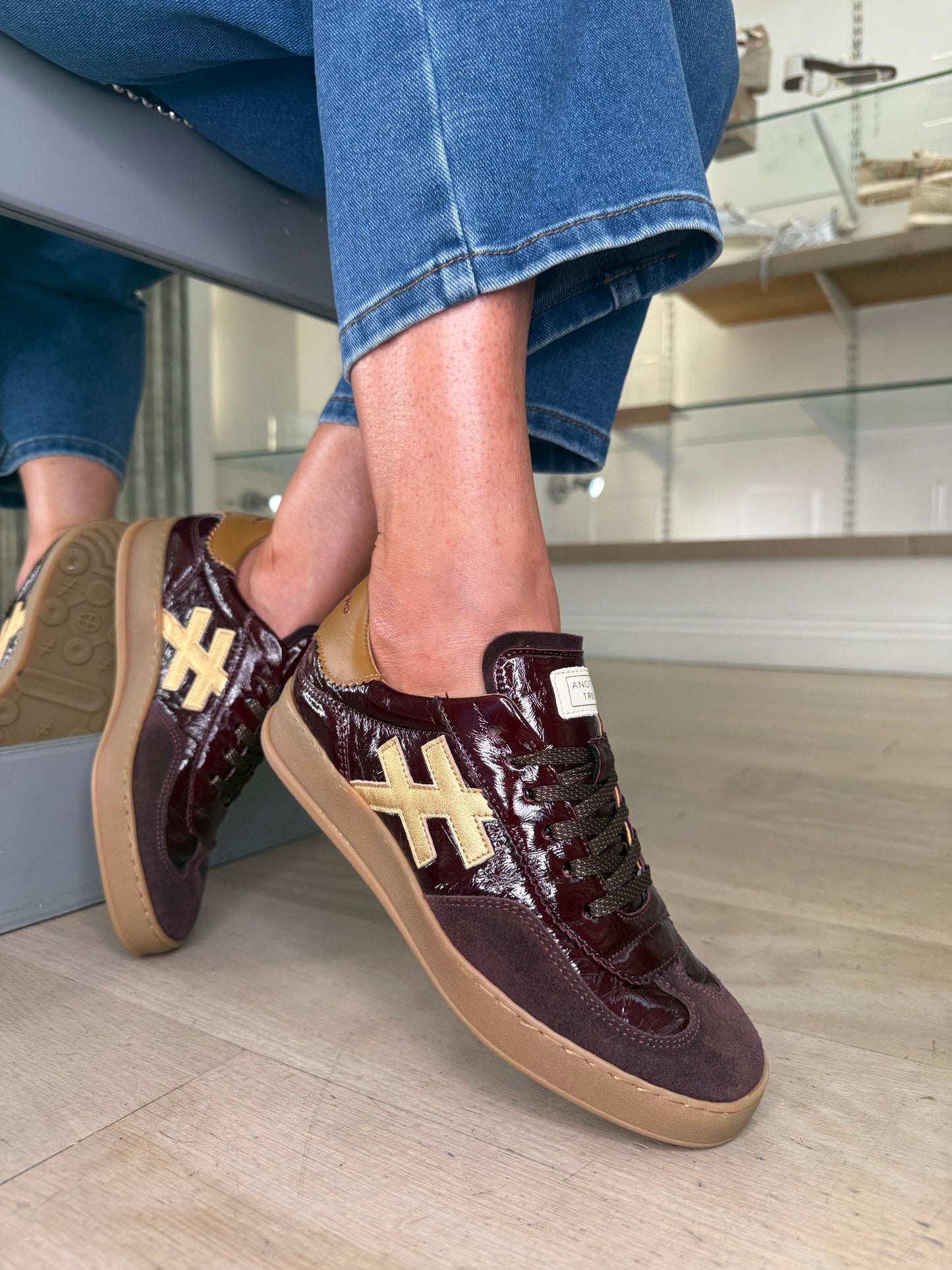 Another Trend -Bordo Suede & Patent Mix Trainer With Antique Gold And Tan Trim