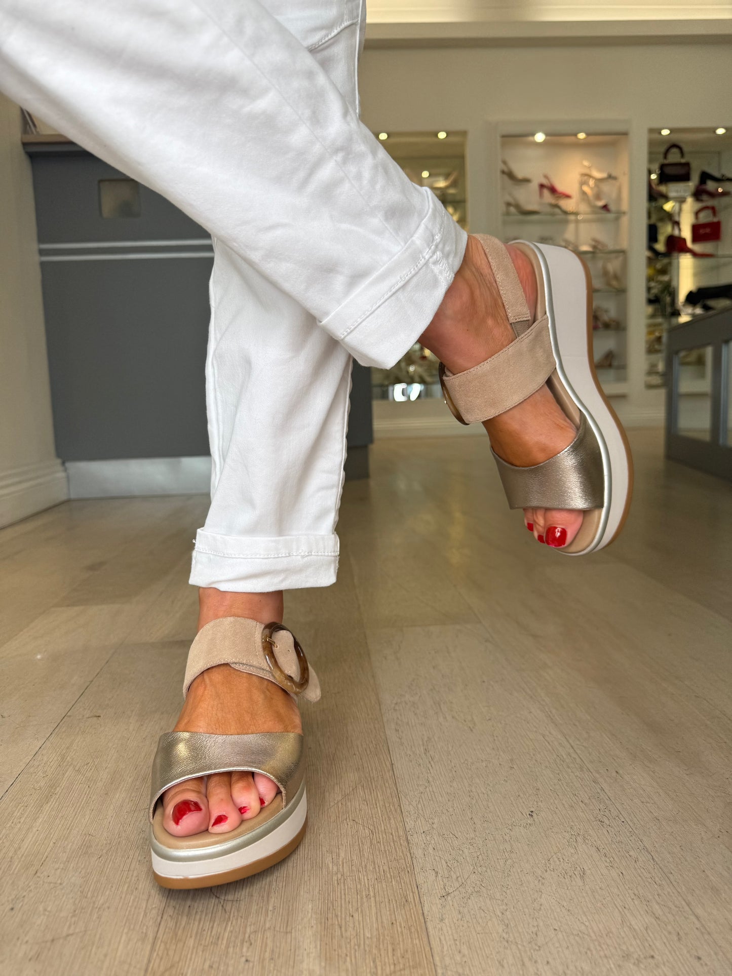 Repo - Soft Bronze & Sand Suede Wedge Sandal With Velcro Strap