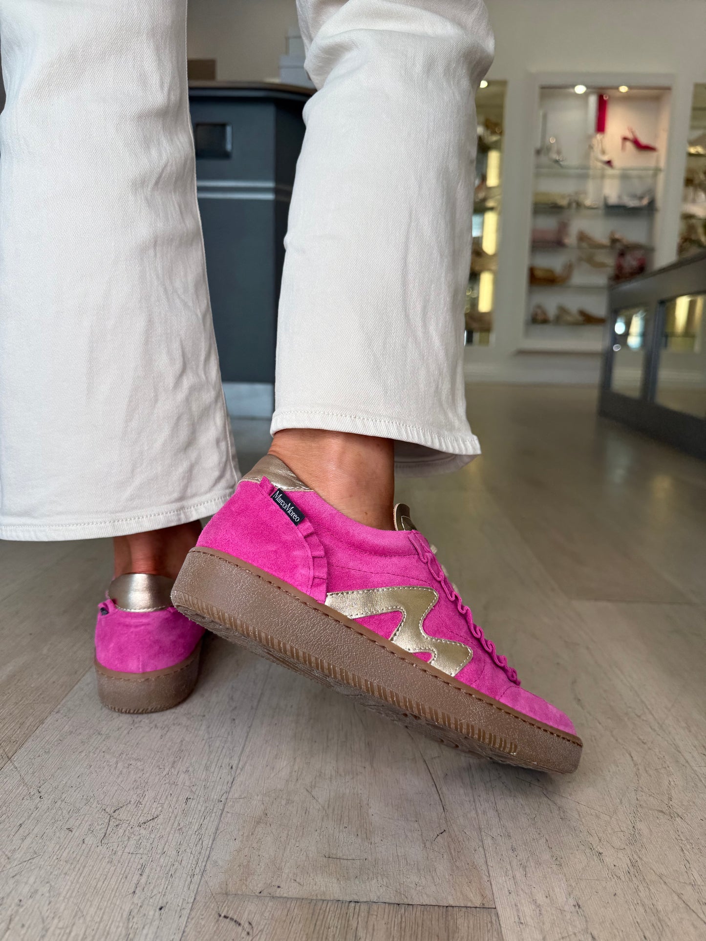 Marco Moreo - Hot Pink Suede Trainer With Soft Bronze Metallic Trim