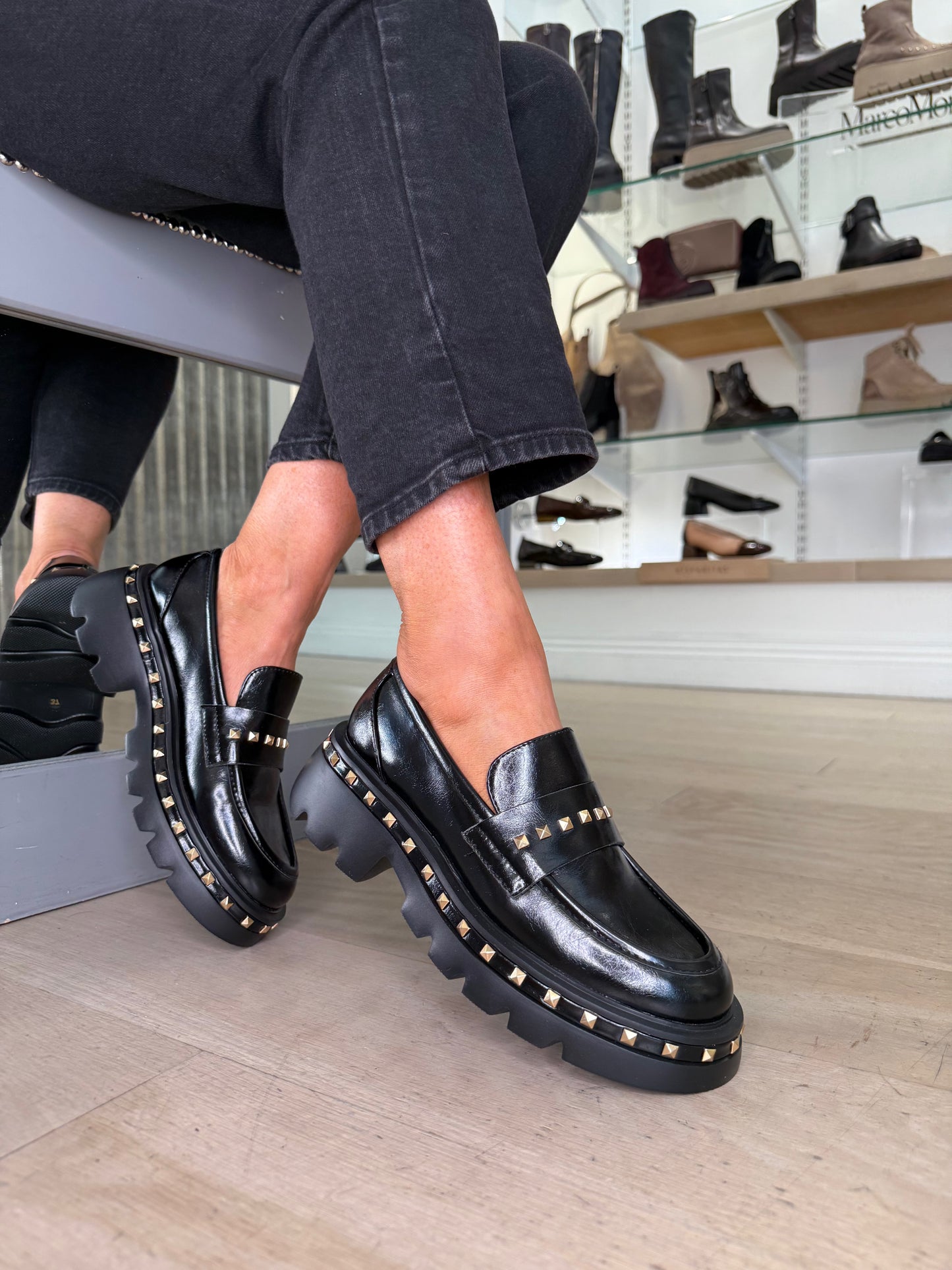 Lodi - Black Nappa Leather Chunky Sole Loafer With Gold Stud Trim Detail