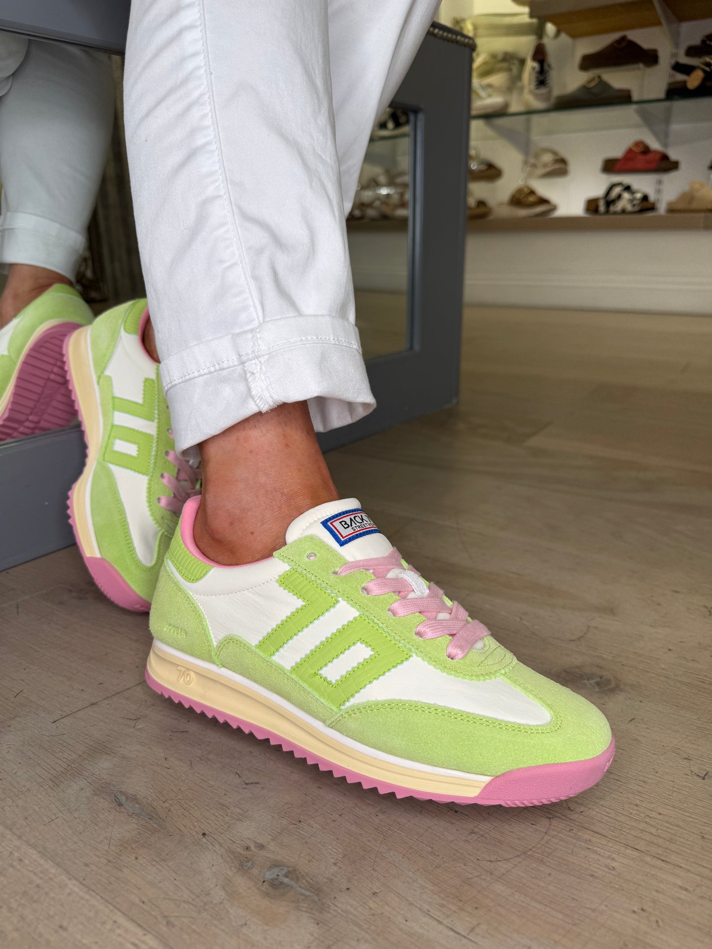 Back 70 - Lime Green Suede & White Leather Trainer With Soft Pink Trim