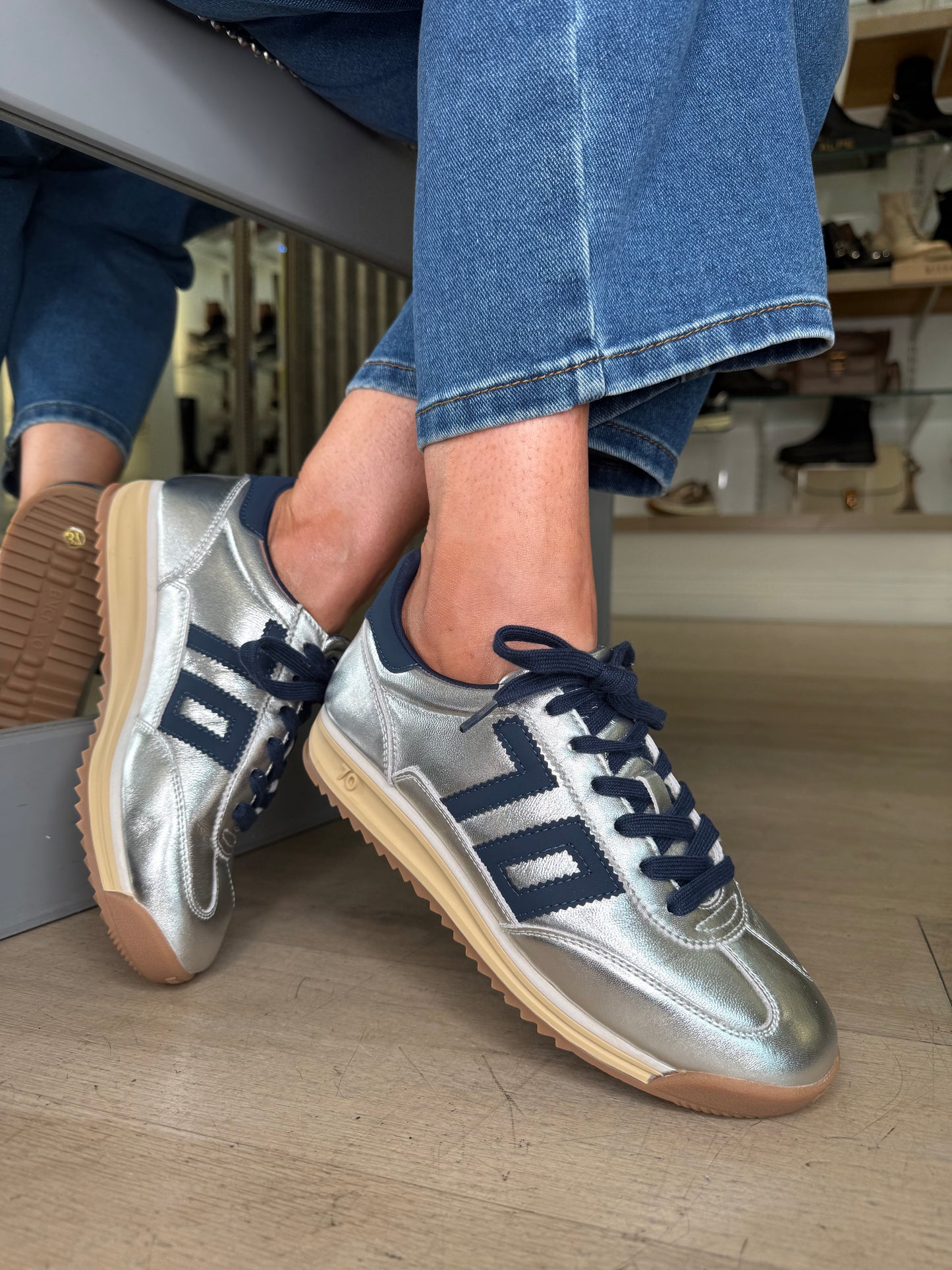 Back 70 - Metallic Silver Trainer With Navy Trim